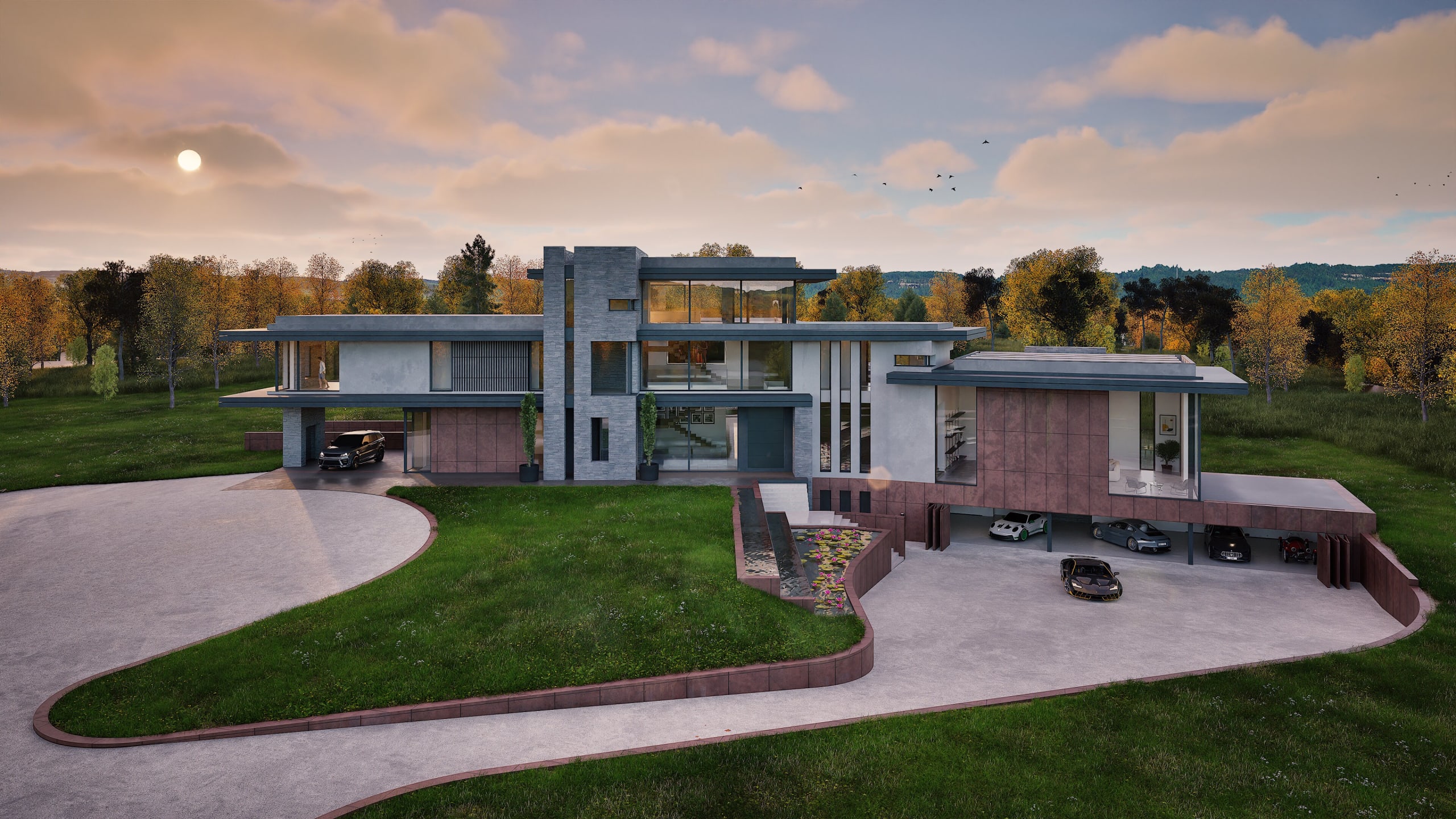 Modern luxury estate with geometric architecture, expansive glass windows, multiple garage bays, and manicured lawn at sunset