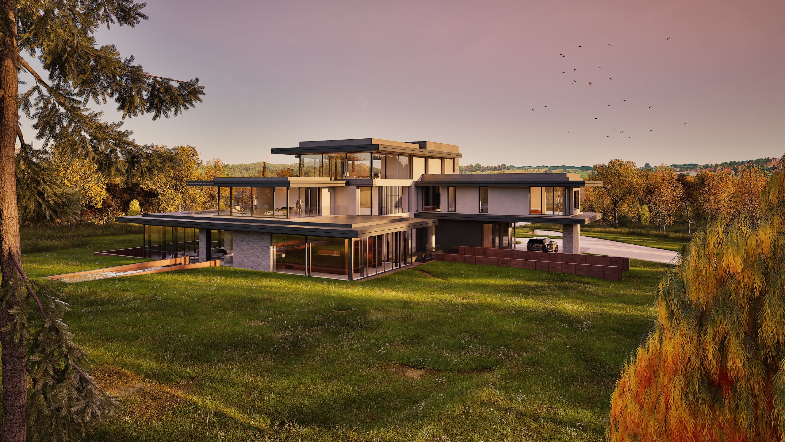Modern three-story luxury residence with expansive glass walls, flat roofs, and terraces set in landscaped autumn grounds