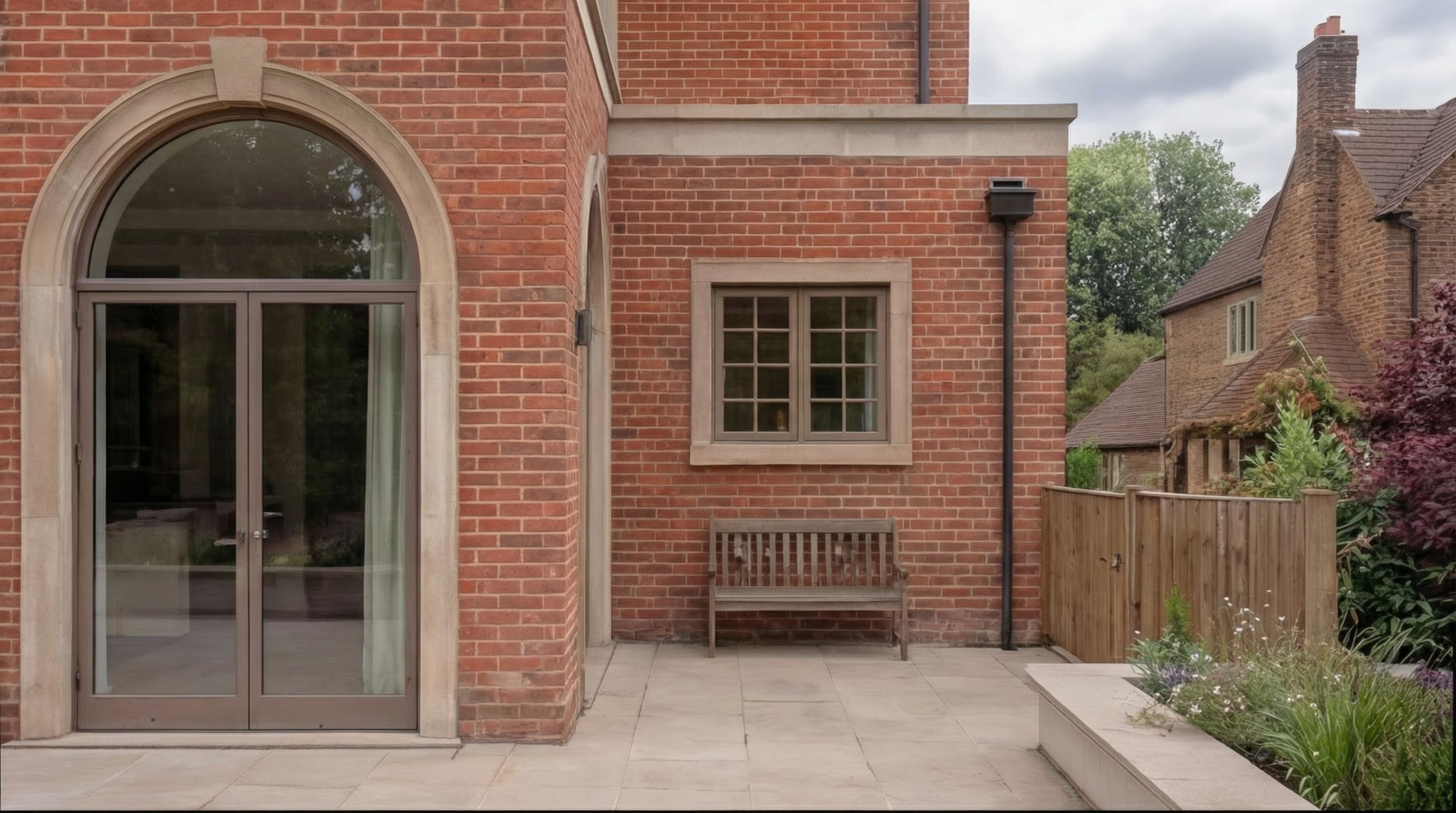 Red brick building exterior with arched glass doors, stone trim, wooden bench on patio, and traditional cottage nearby