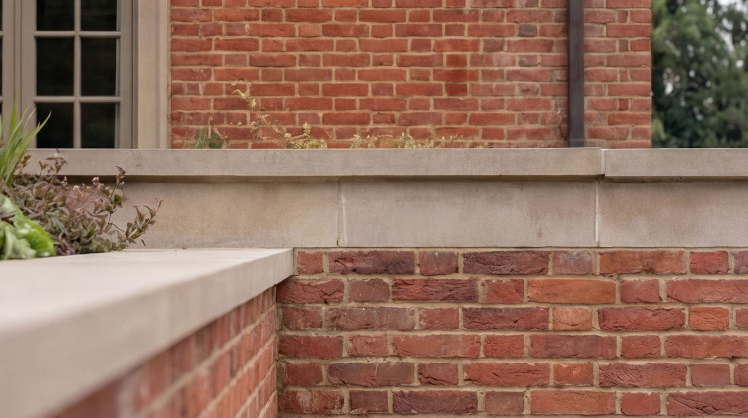 Brick façade detail with limestone stringcourse and window sill above a low garden wall