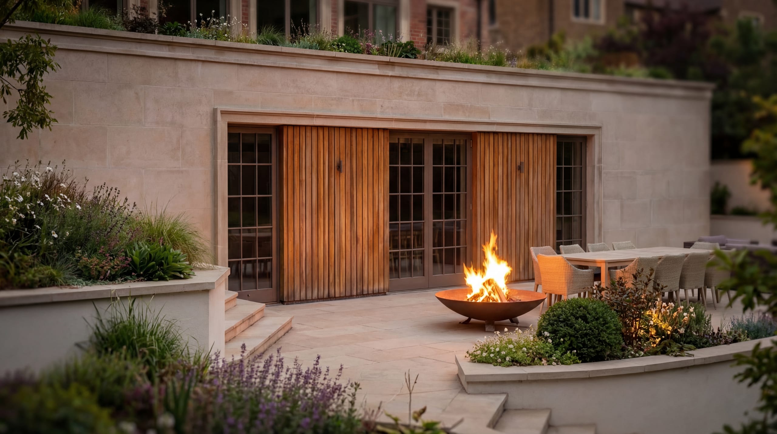 Modern stone patio with corten steel fire pit, outdoor dining area, wooden shutters, and lush planted borders at dusk