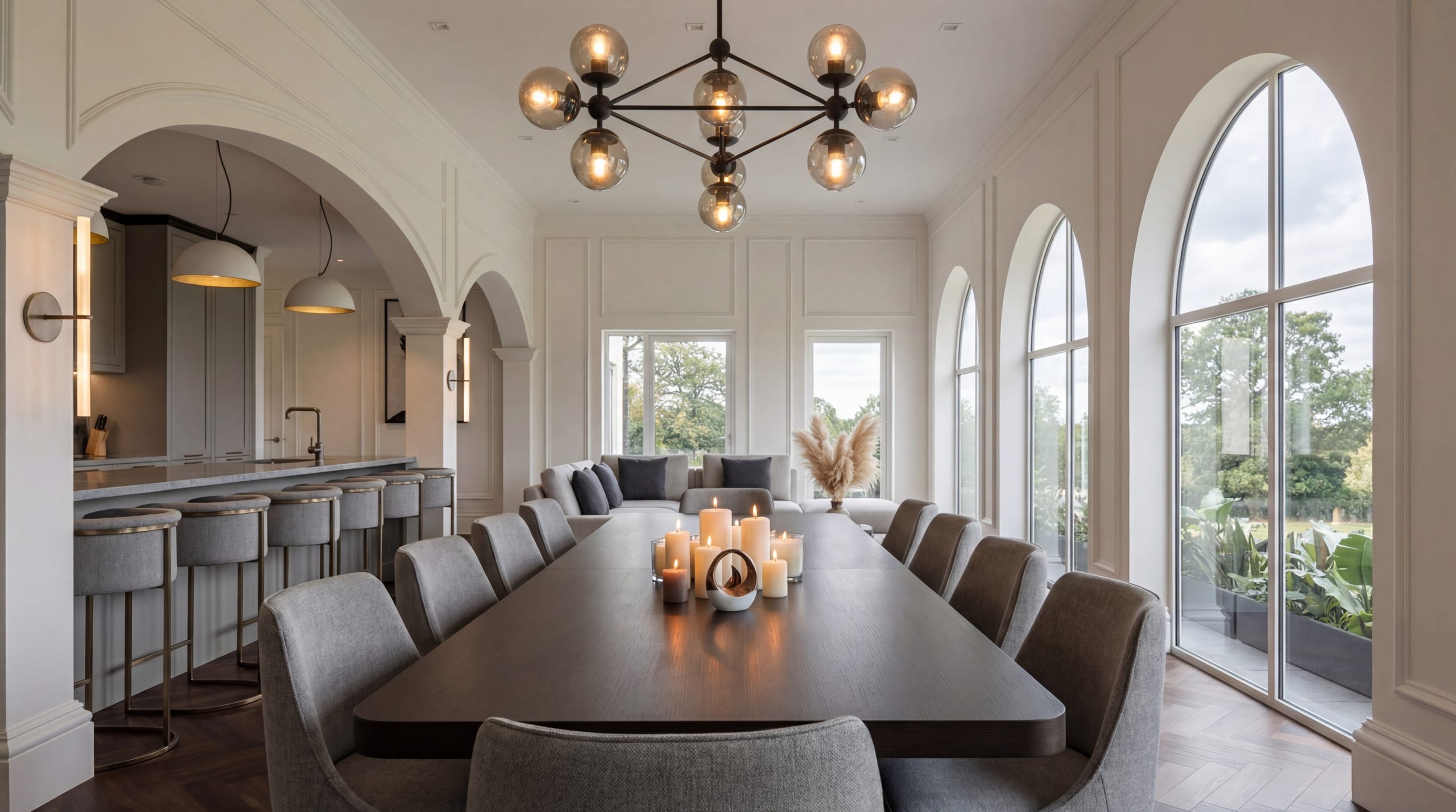 Elegant dining room with dark wood table, gray upholstered chairs, modern globe chandelier, and arched windows