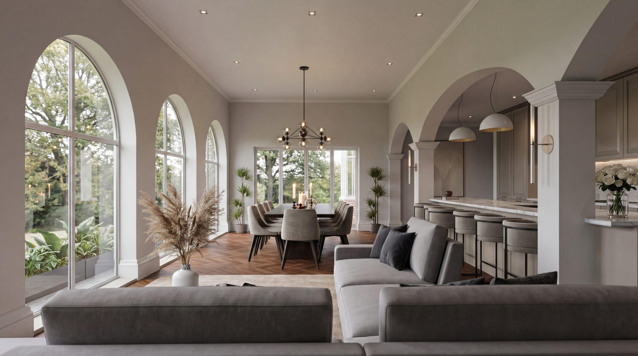 Modern open-concept living space with arched windows, gray sectional sofa, dining area, and kitchen with bar seating