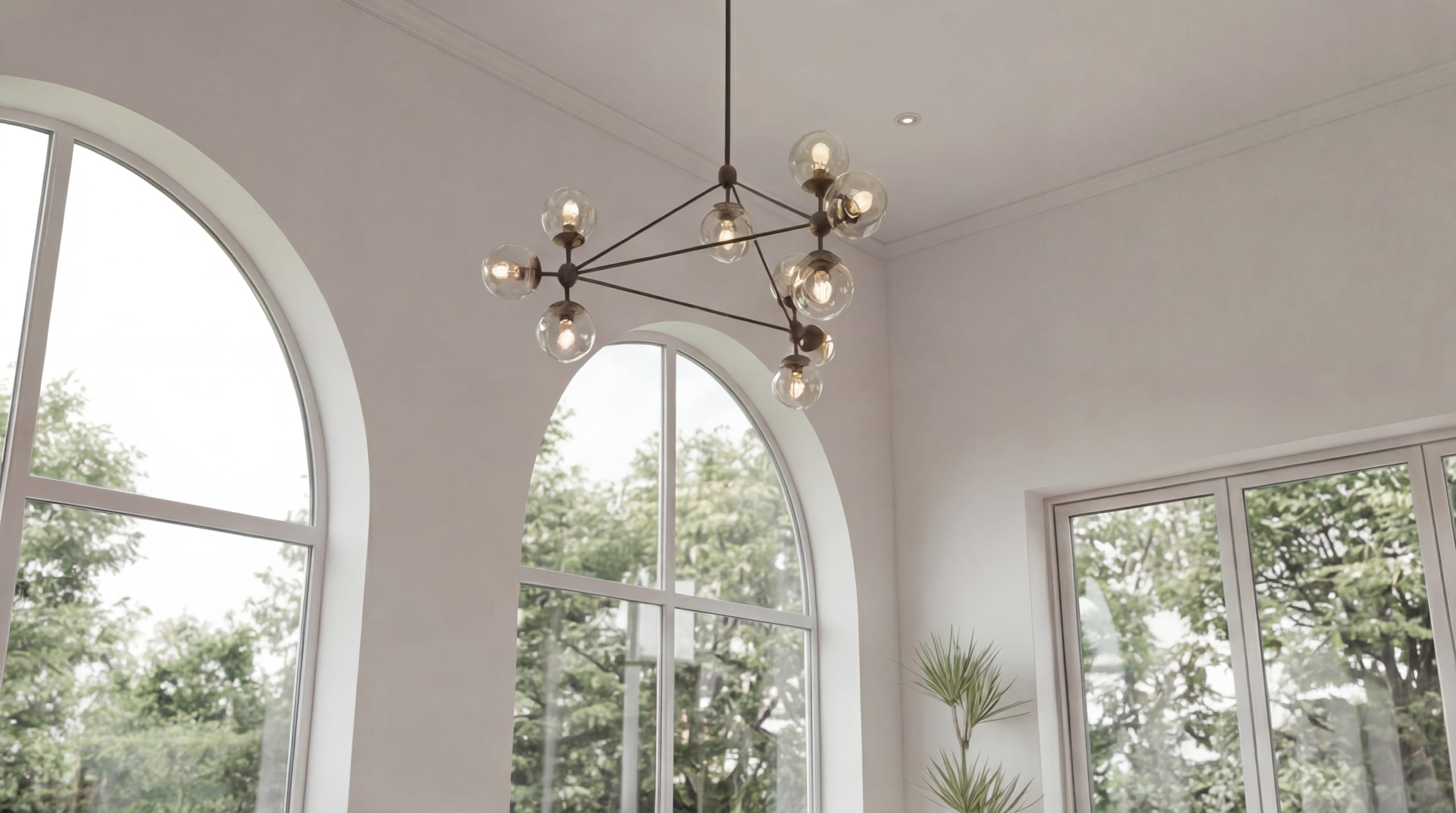 Modern molecular-style chandelier with glass globe lights in bright room with large arched windows and garden views