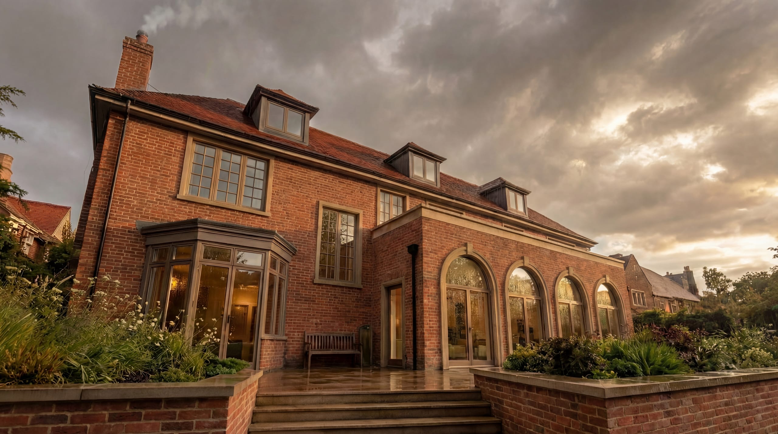 Red brick traditional home with arched windows, bay window extension, dormer windows, and landscaped terrace at dusk