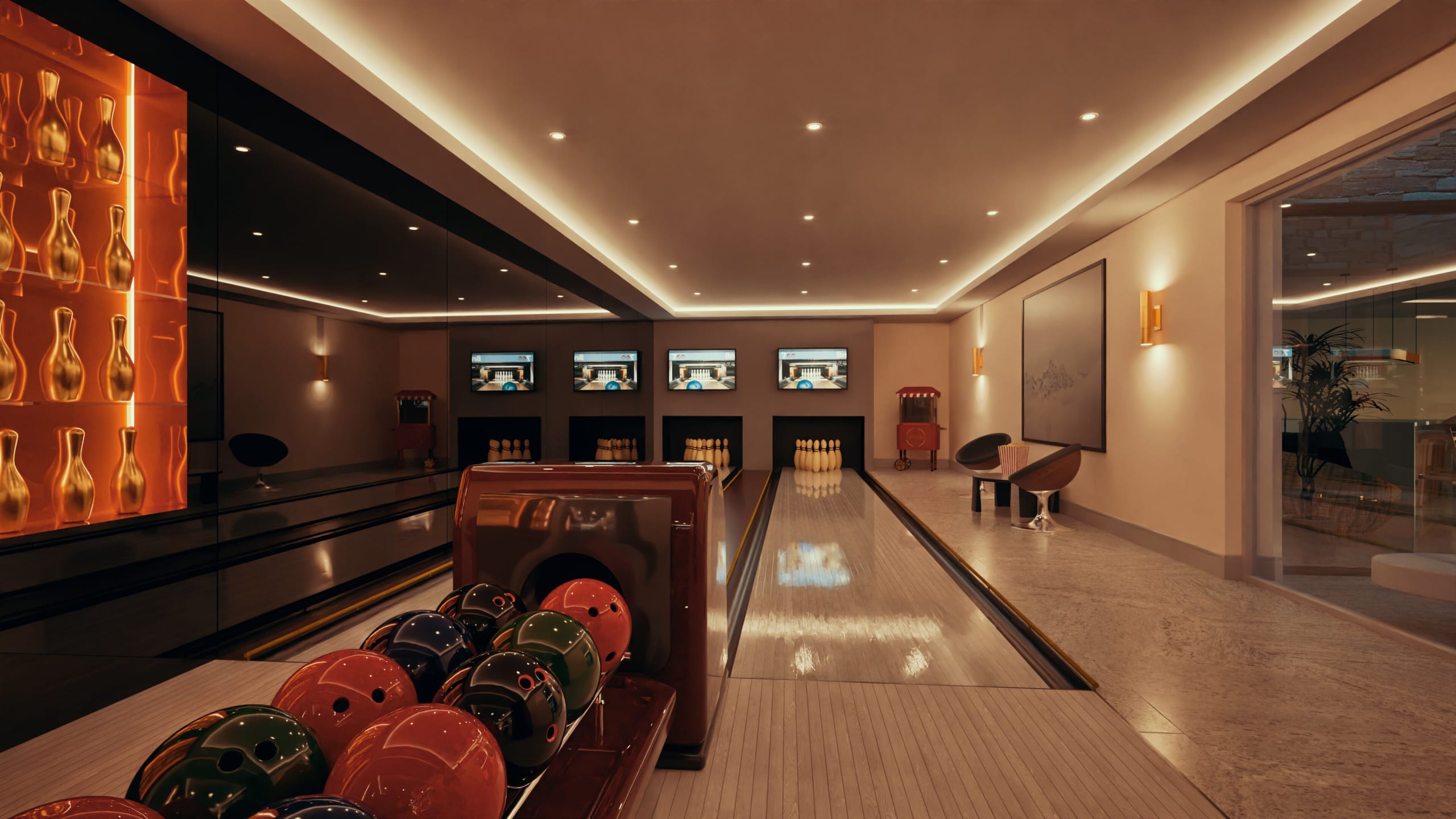 Luxury private bowling alley with two lanes, colorful bowling balls, ambient lighting, and illuminated golden pin display