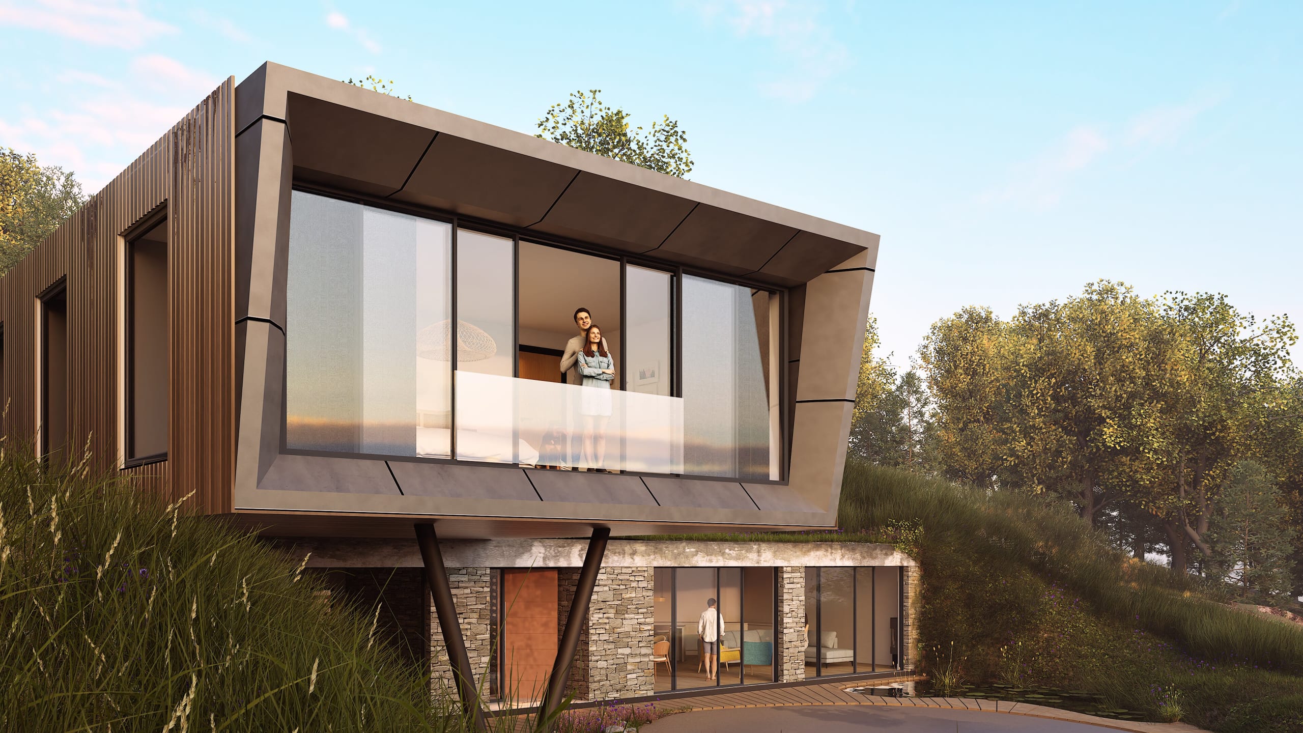 Modern cantilevered home with floor-to-ceiling windows, wooden cladding, stone base, and green roof surrounded by trees