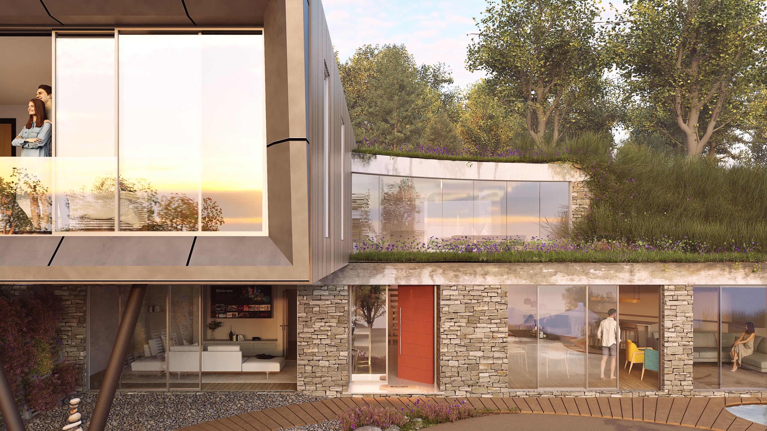 Modern multi-level residence featuring stone walls, floor-to-ceiling windows, green roof with wildflowers, and wooden deck