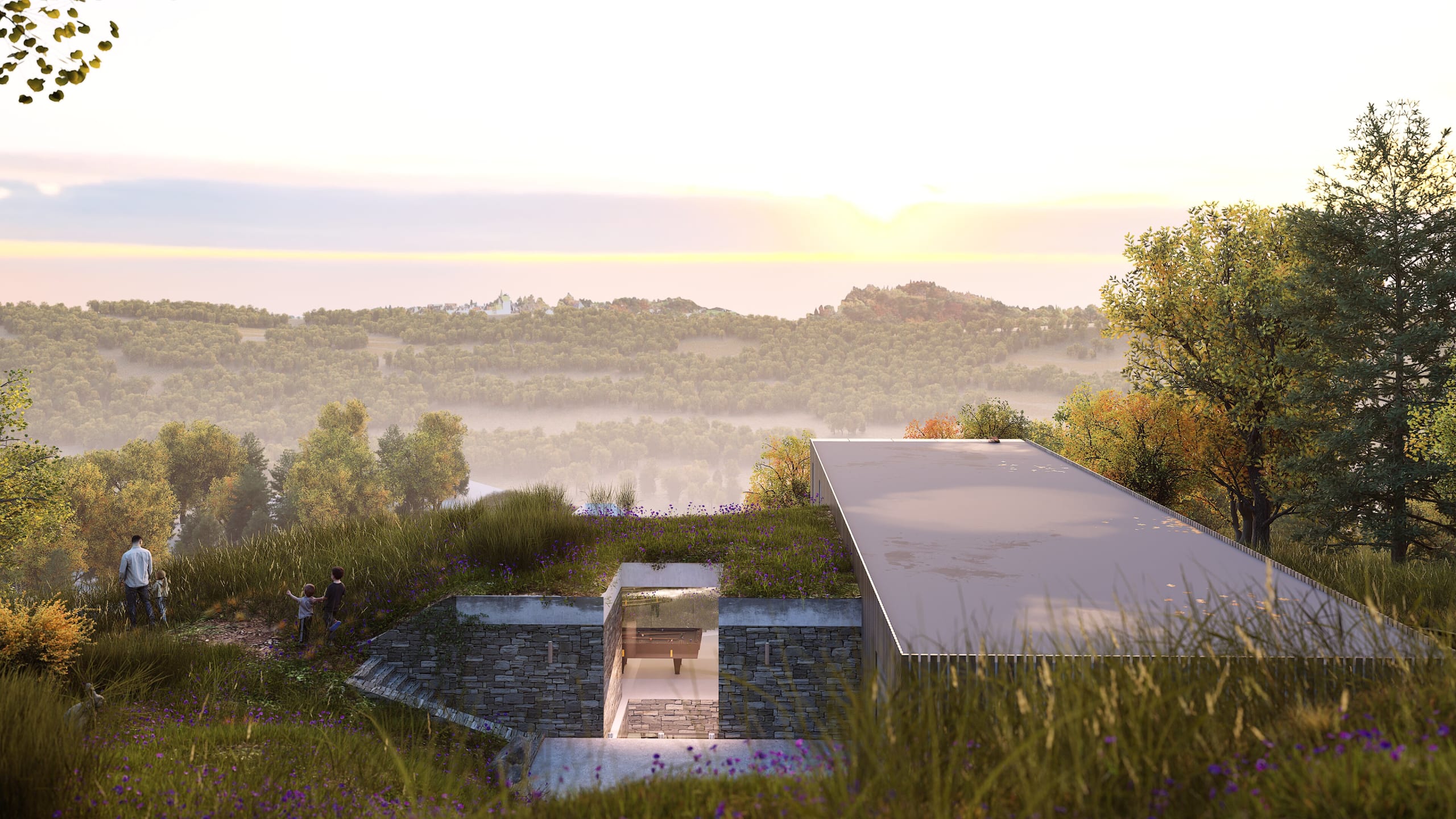 Modern earth-sheltered home with green roof and infinity pool overlooking misty forested hills at sunset