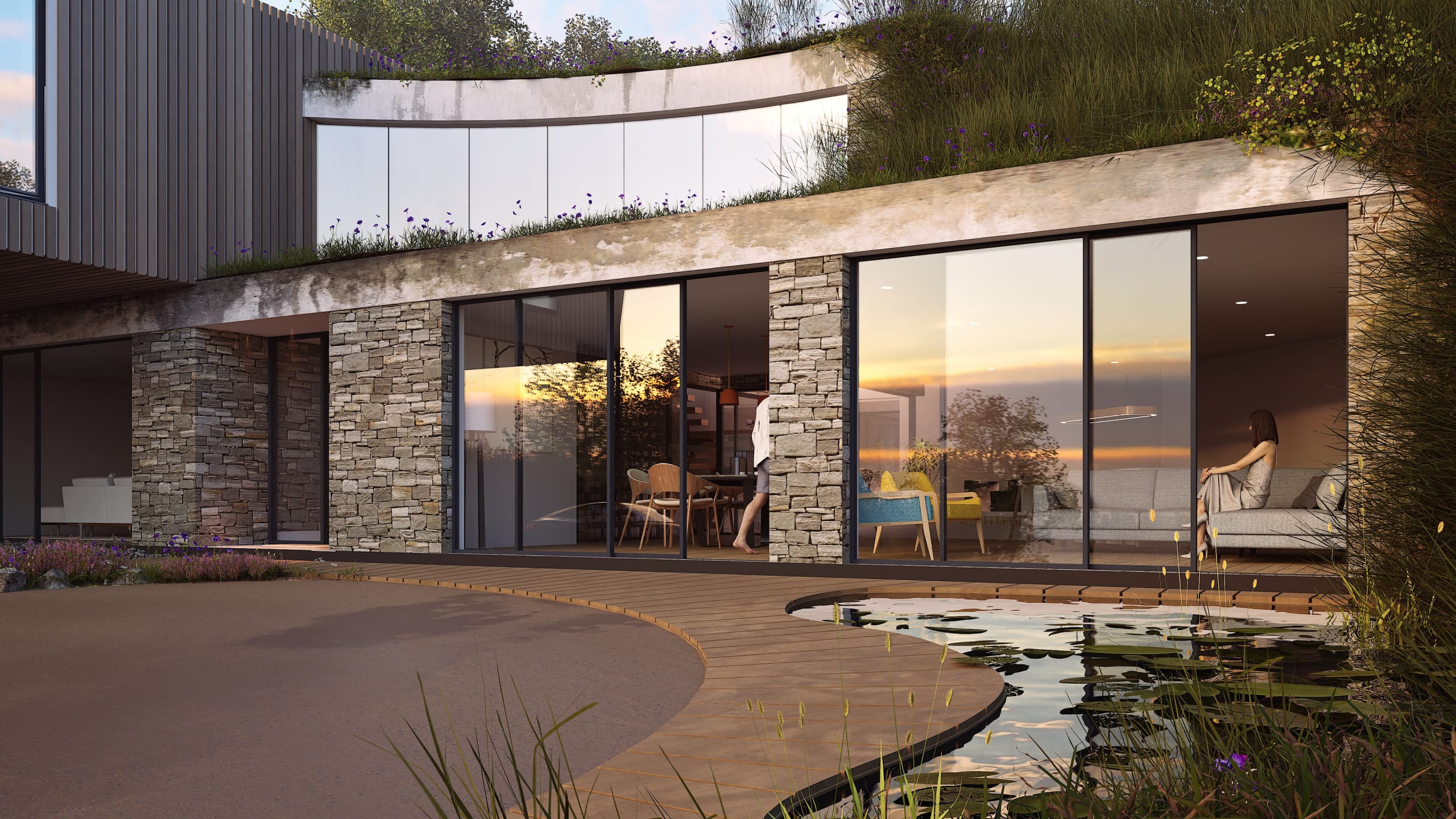 Modern home exterior at dusk featuring stone walls, floor-to-ceiling glass, green roof terraces, and natural pond