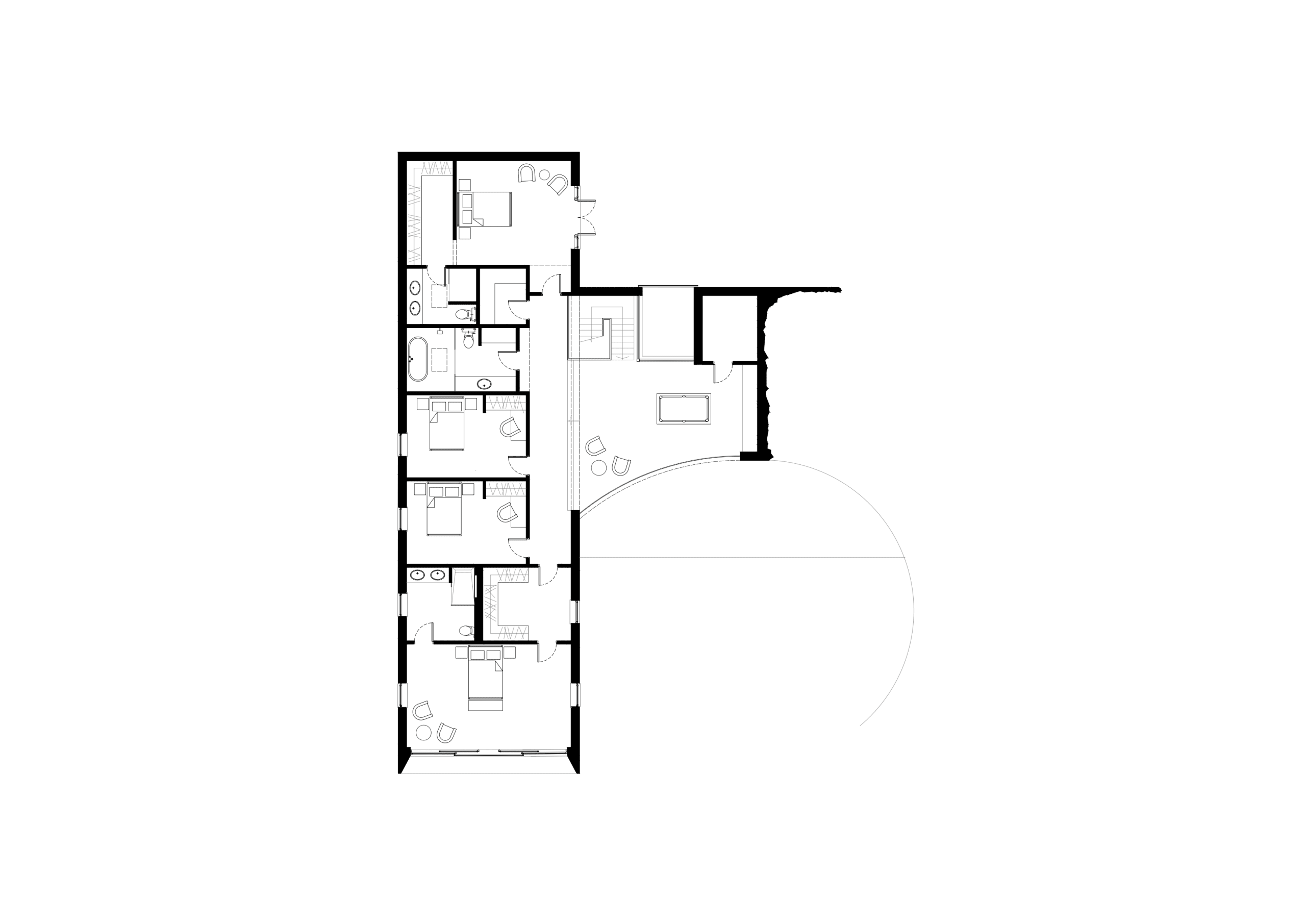 Architectural floor plan showing a linear row of bedrooms with a curved corridor leading to a central lounge area