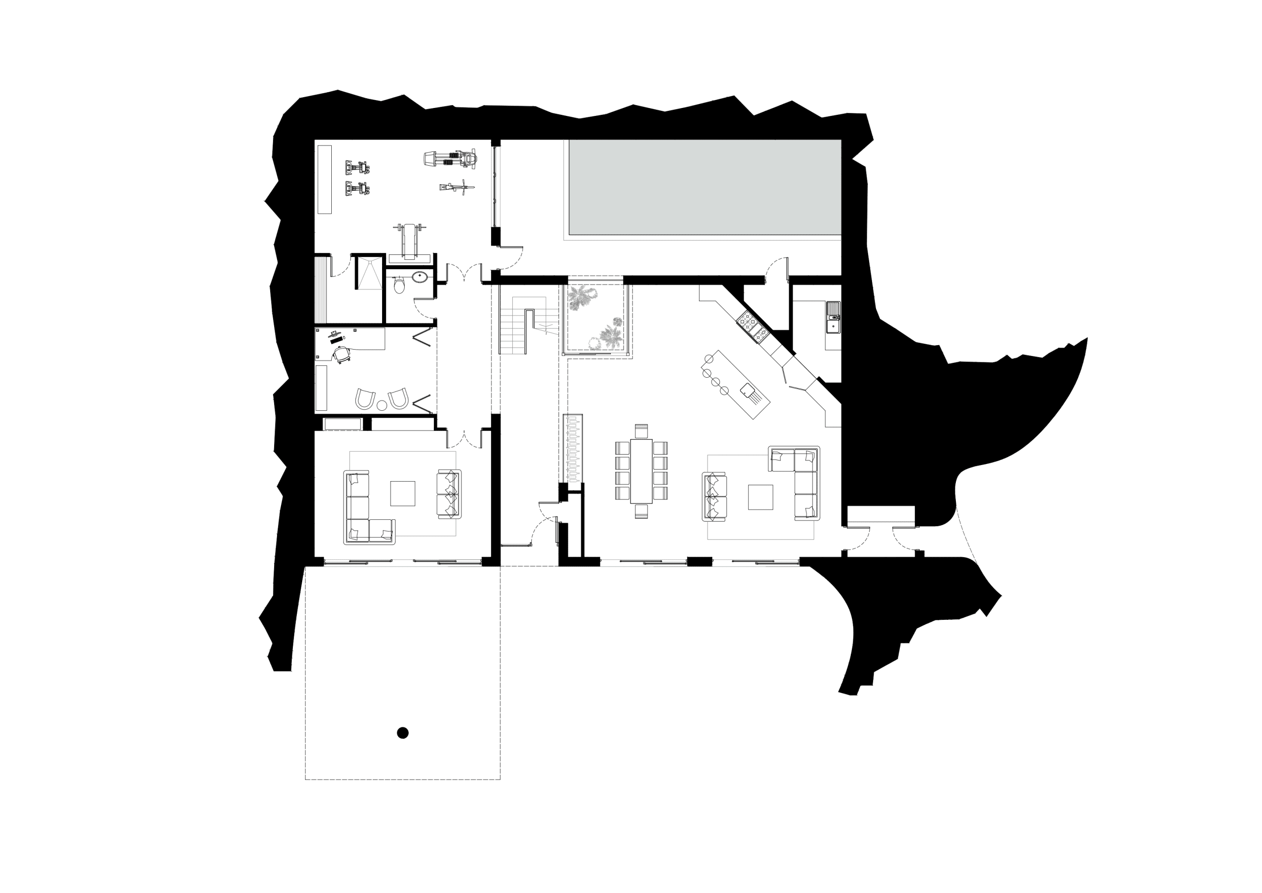 Architectural ground floor plan with rock-like black border showing pool, kitchen, living, and dining layout