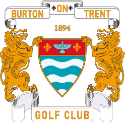 Burton on Trent Golf Club crest featuring heraldic shield with waves, fleur-de-lis, lions, and established date 1894
