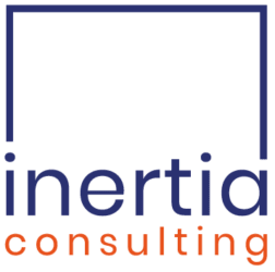 Inertia Consulting logo featuring company name in blue and orange text with geometric rectangular frame accent