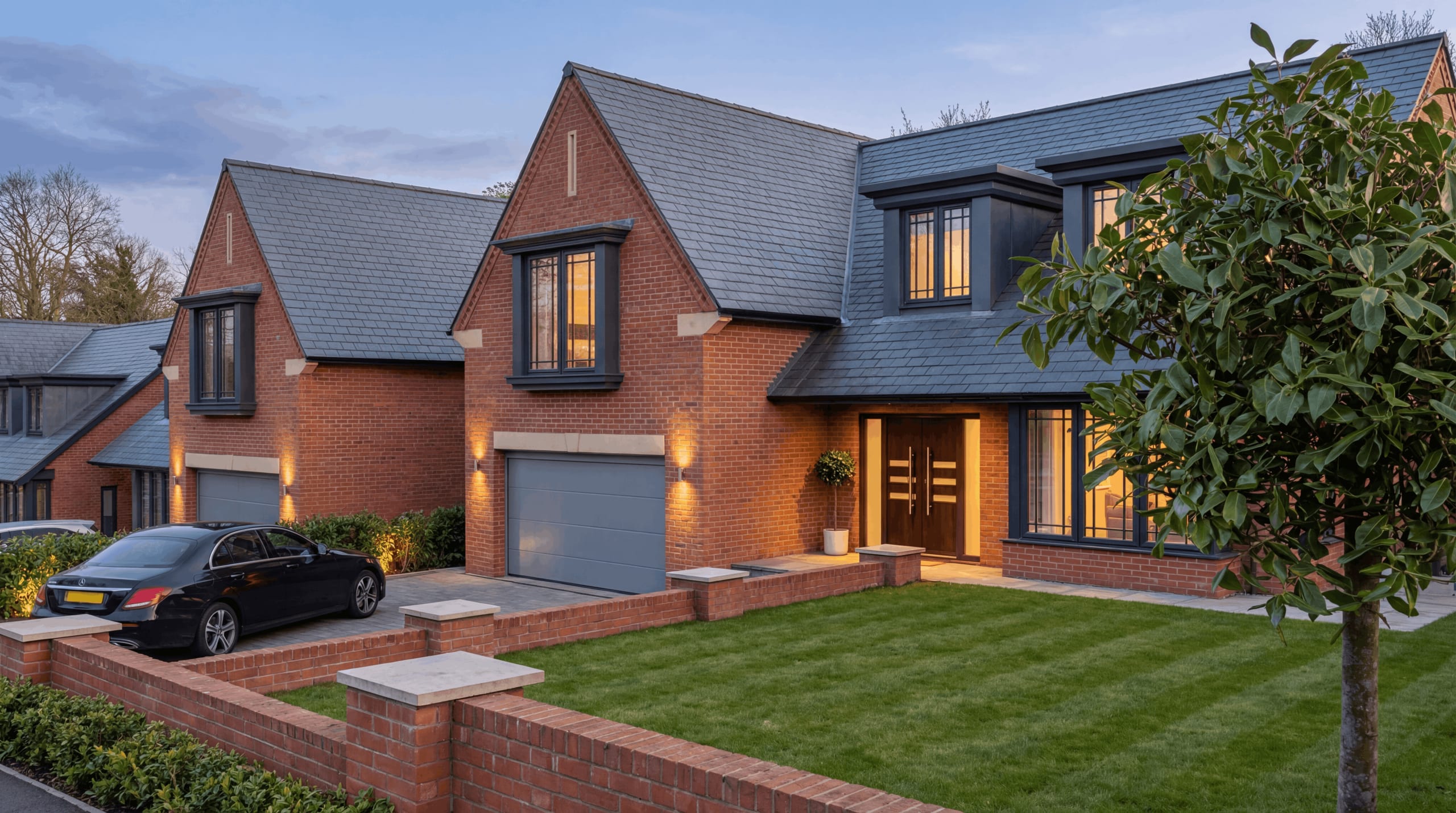 Modern red brick detached home with slate roof, dormer windows, integrated garage, and manicured front lawn at dusk
