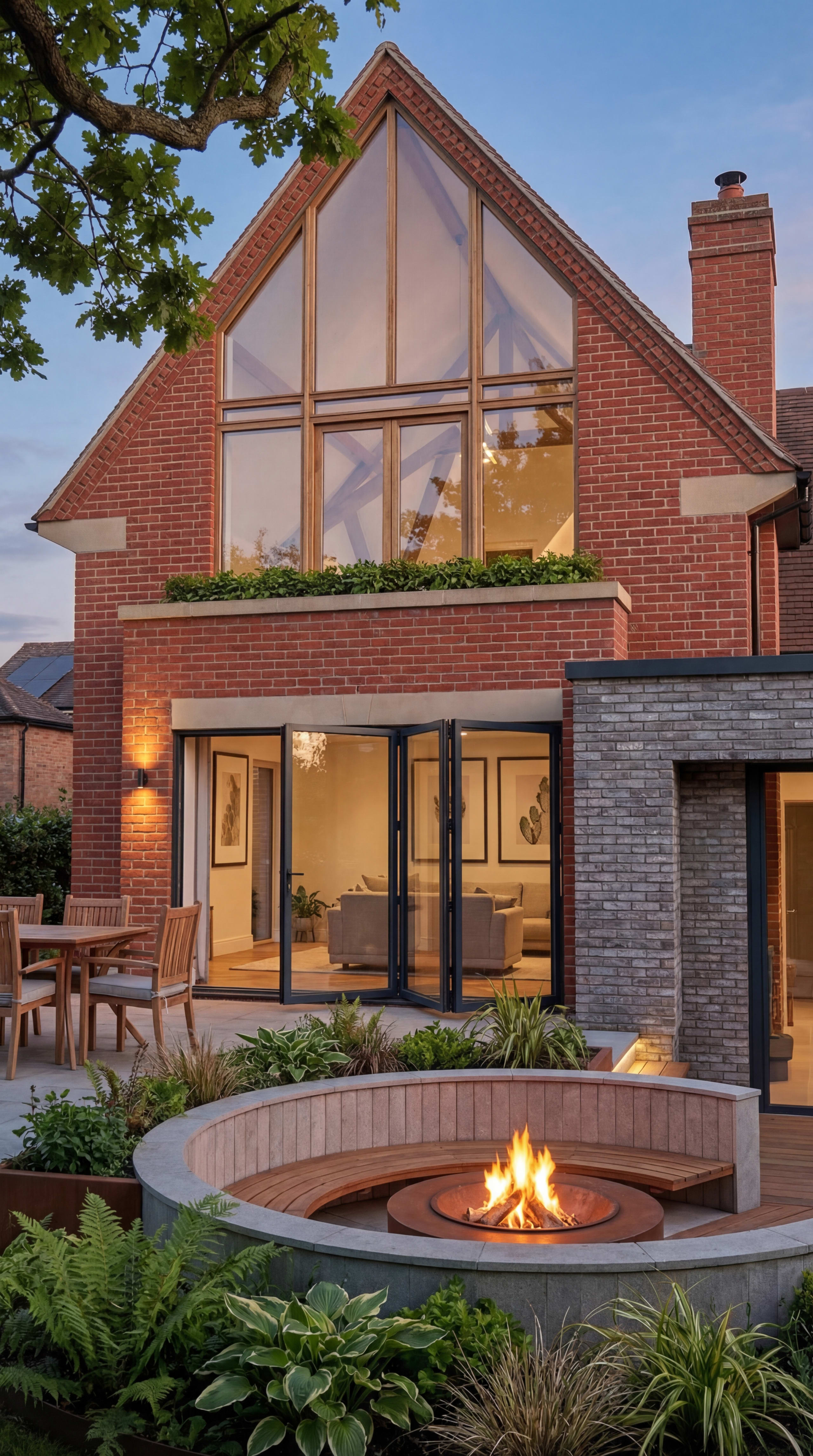 Modern brick home exterior at dusk featuring large gable window, bi-fold doors, outdoor dining area, and circular fire pit