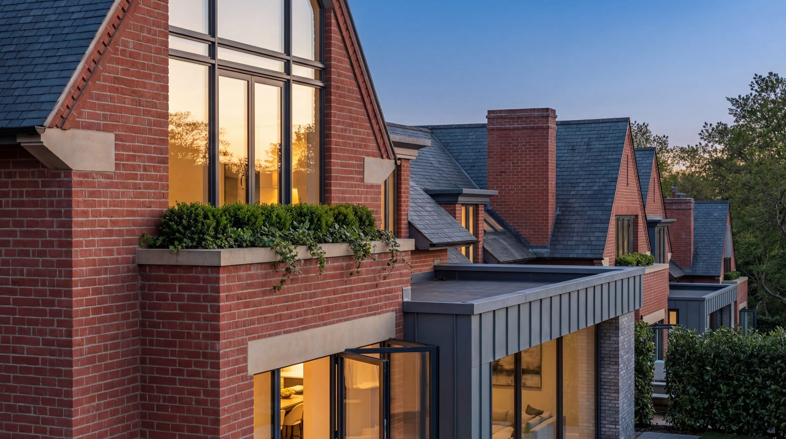 Red brick residence at dusk featuring steep slate roofs, large windows with warm interior lighting, and planted window boxes