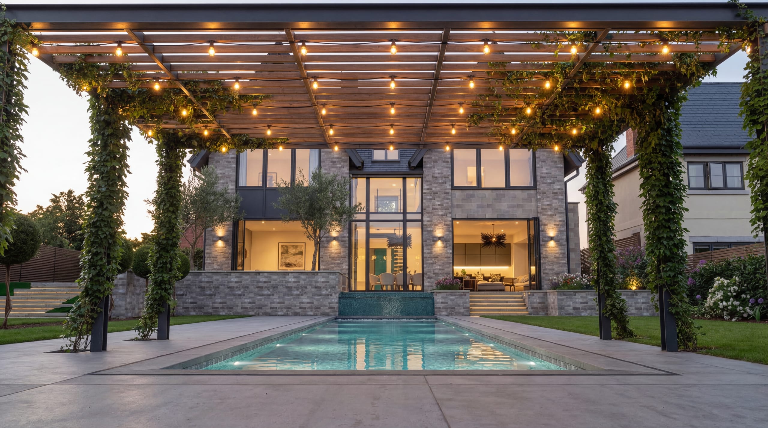 Twilight view of a grey-brick house with a vine-draped timber pergola over a rectangular pool