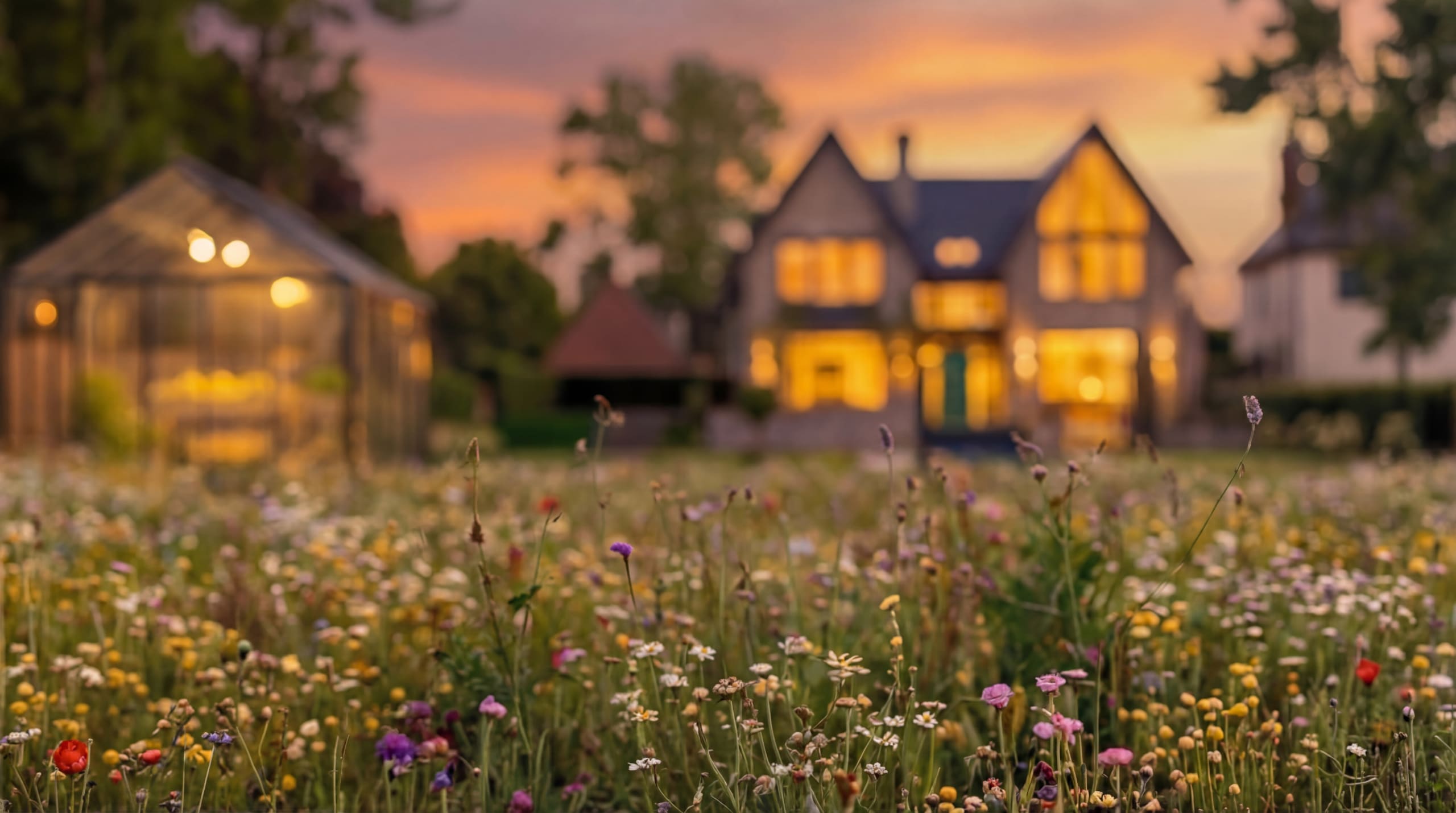 Wildflower meadow in foreground with a gabled house glowing warmly at dusk beyond a glass greenhouse