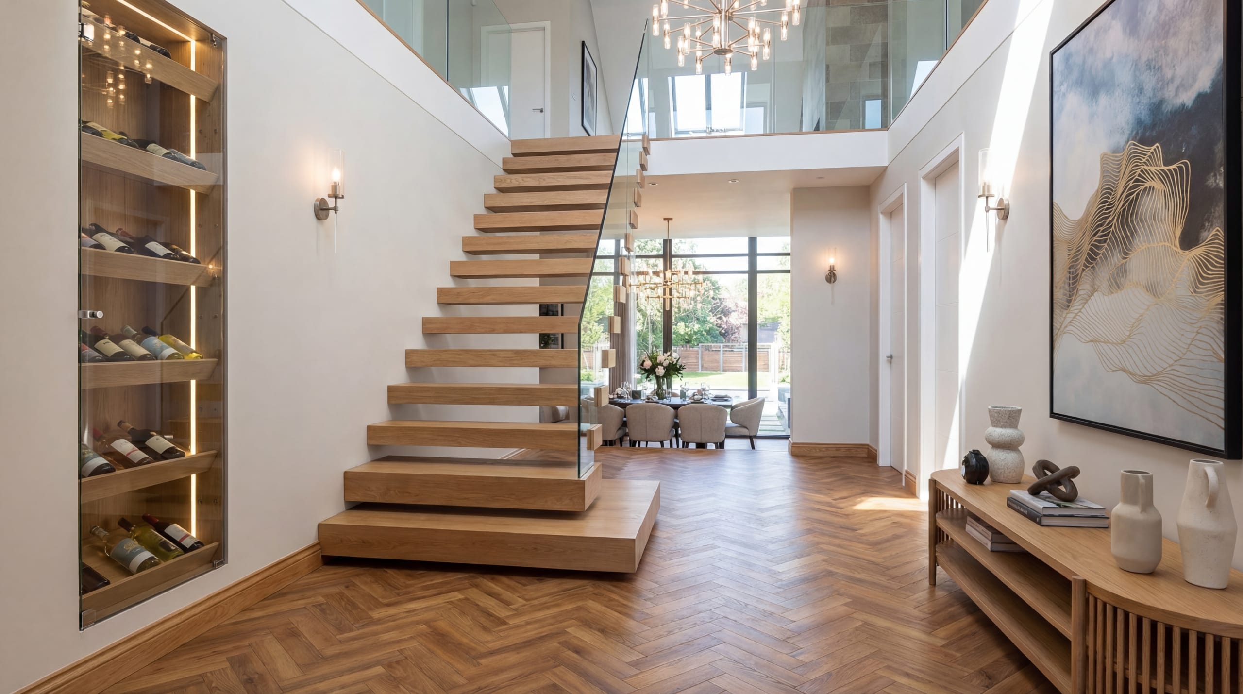 Floating timber staircase with glass balustrade rises through a double-height entrance hall with herringbone wood flooring