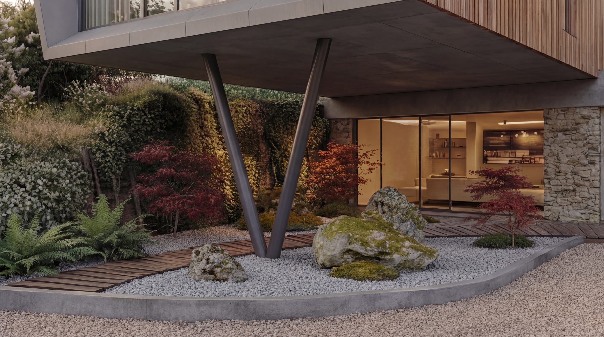 Cantilevered modern home with angled steel V-columns over a Japanese-style garden of moss-covered boulders and gravel