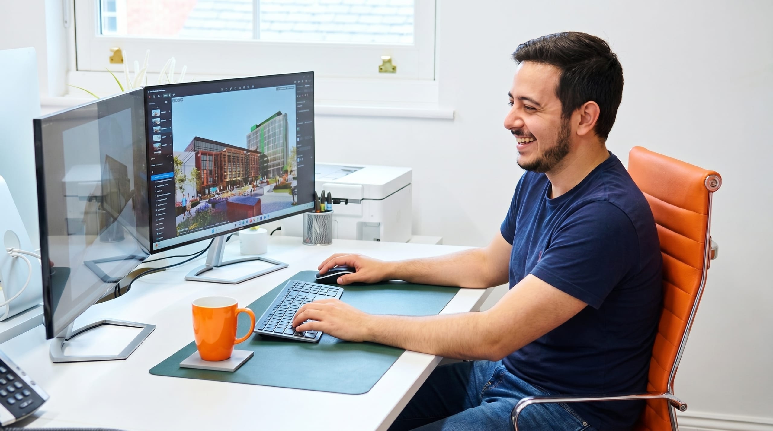 Designer smiling while reviewing a 3D architectural rendering of a mixed-use building on dual monitors