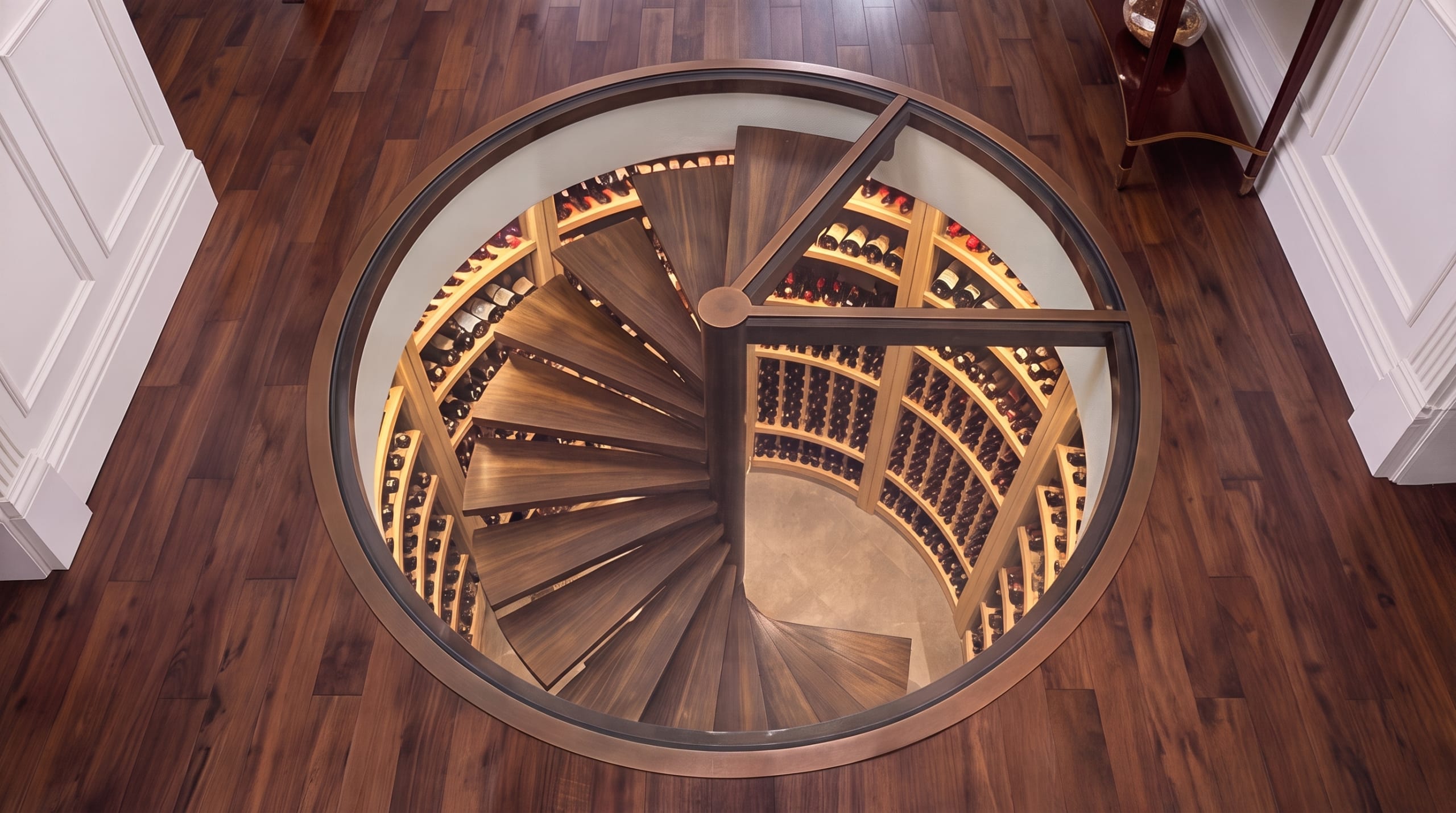Visualisation looking down through the circular glass floor to the spiral stair and wine cellar