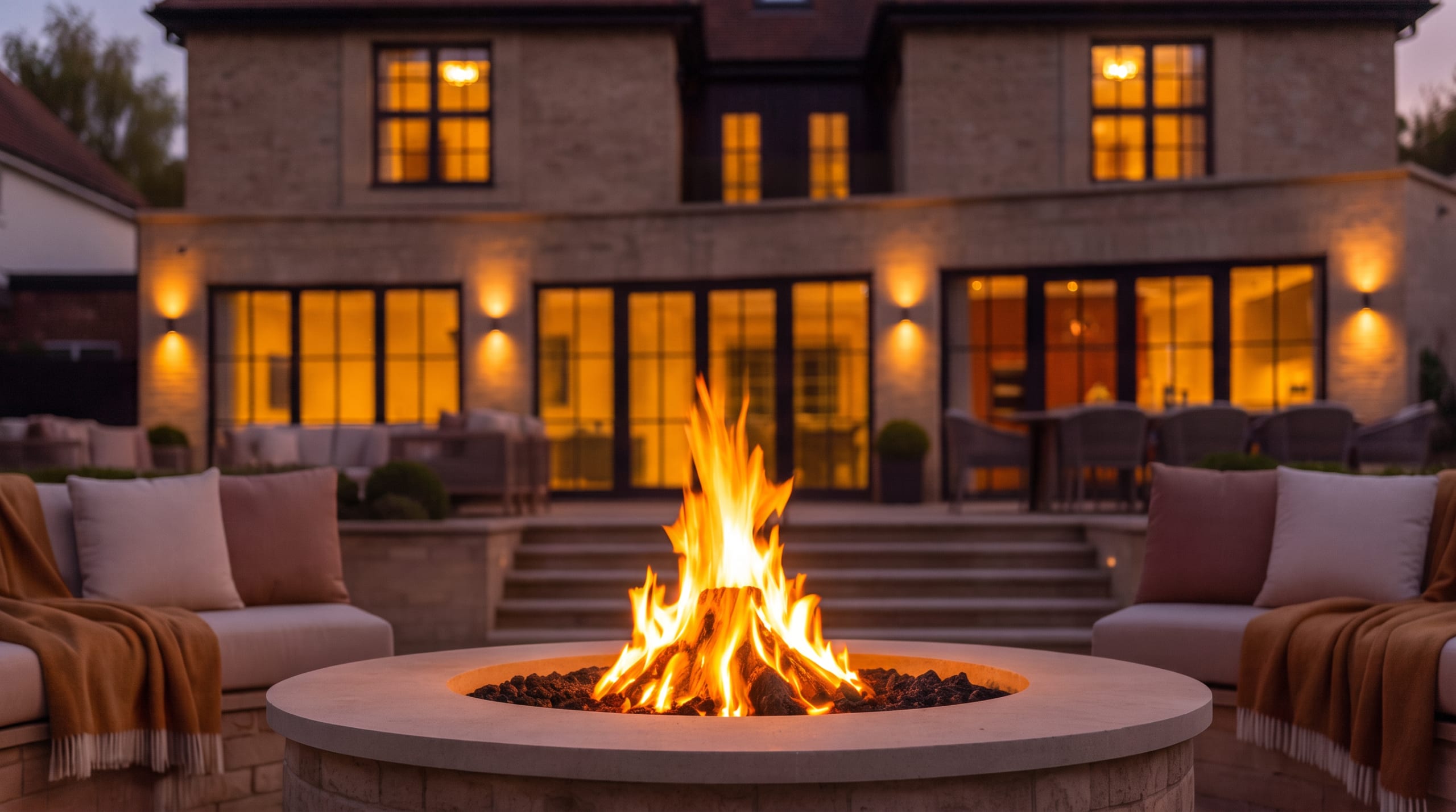 Visualisation of the fire pit and curved outdoor seating with the house lit behind