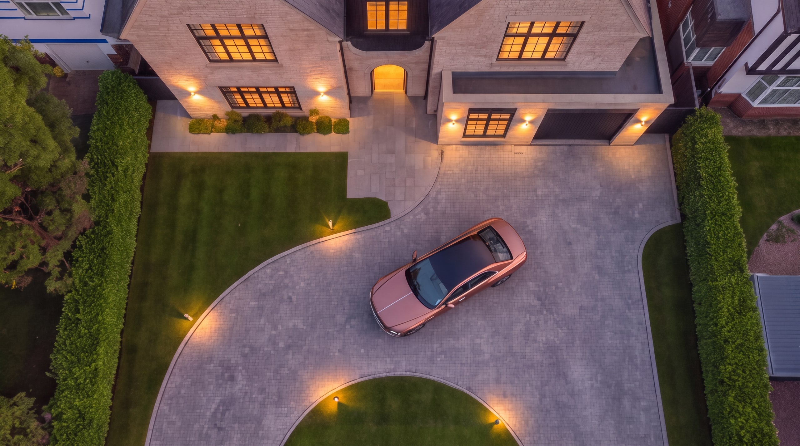 Aerial visualisation of the curved driveway, front lawn and entrance