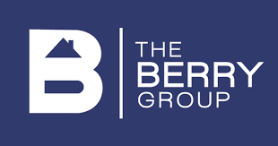 The Berry Group logo featuring white letter B with house silhouette on dark blue background