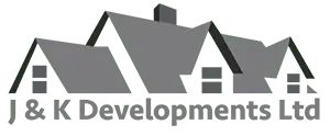 J & K Developments Ltd logo featuring stylized grey rooftops with chimneys above company name