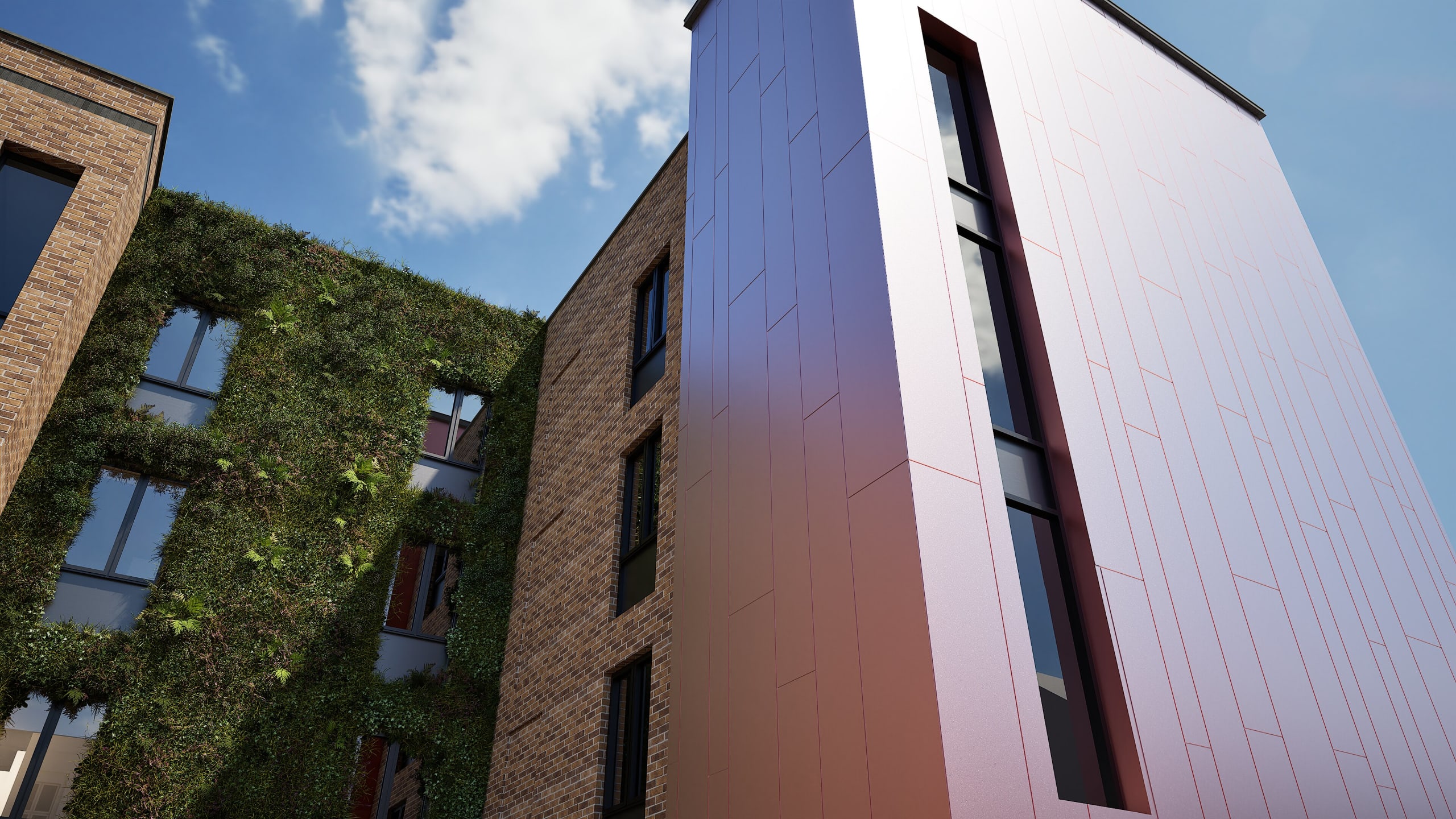 Modern mixed-use buildings featuring brick facades with living green walls and copper-toned metal cladding panels
