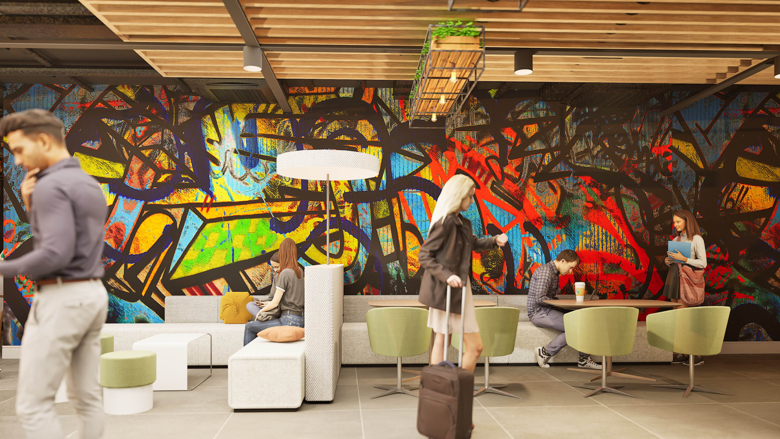 Modern lobby lounge with colorful abstract graffiti mural, modular seating, and people working and walking with luggage