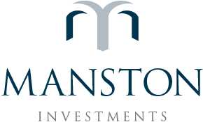 Manston Investments logo featuring stylized M symbol above company name in navy blue and gray serif typography