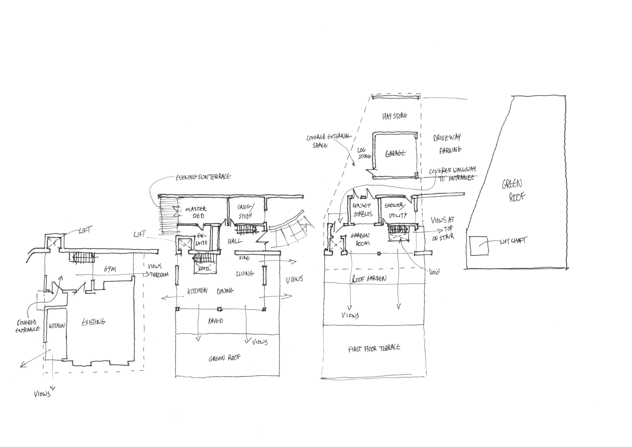 Architectural sketch of floorplans for modern home