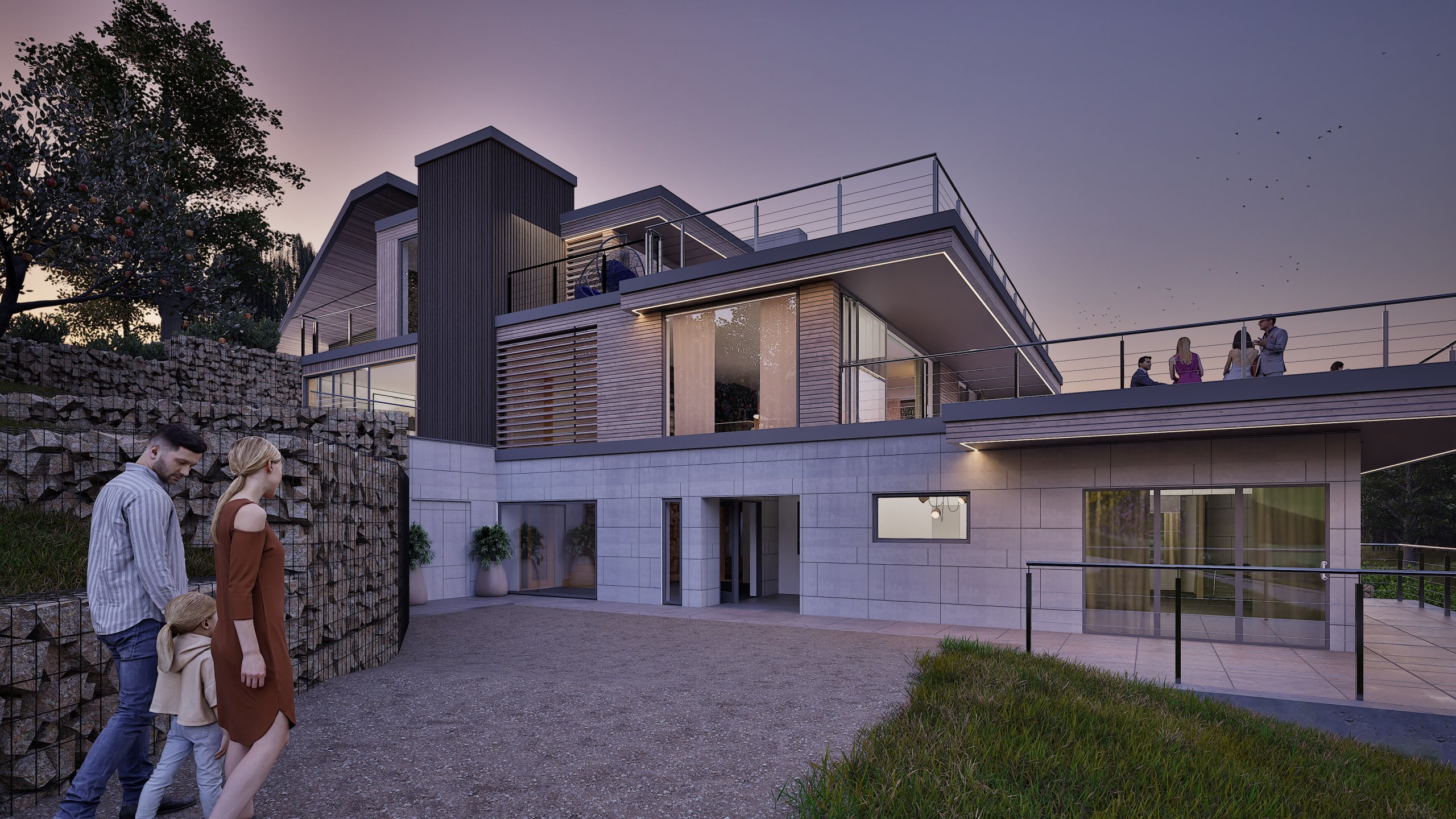 Modern multi-level residential home at dusk featuring wood and concrete facade, rooftop terrace with guests, and gabion walls