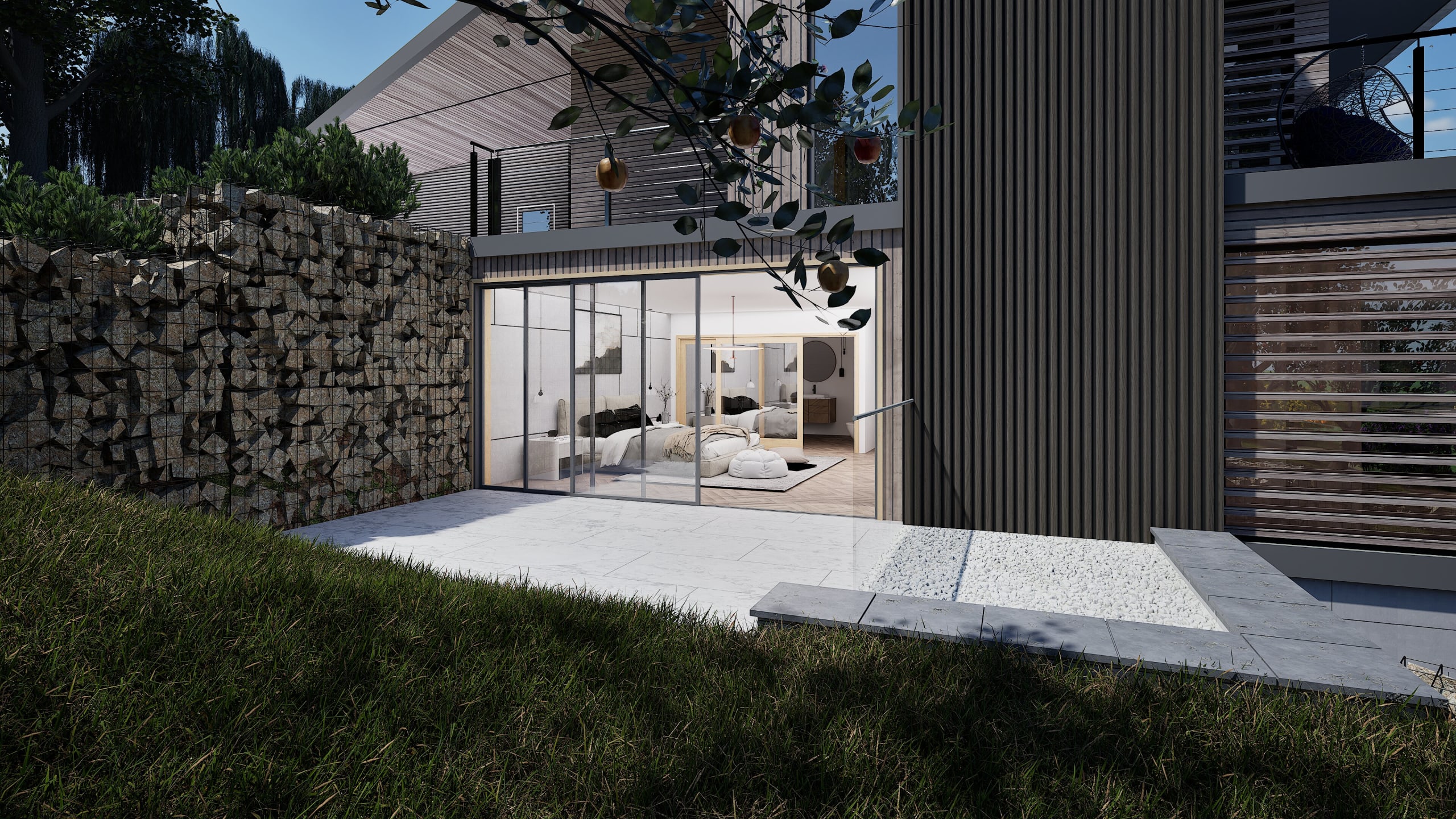 Modern bedroom with floor-to-ceiling glass sliding doors opening to patio, gabion wall feature, and vertical timber cladding