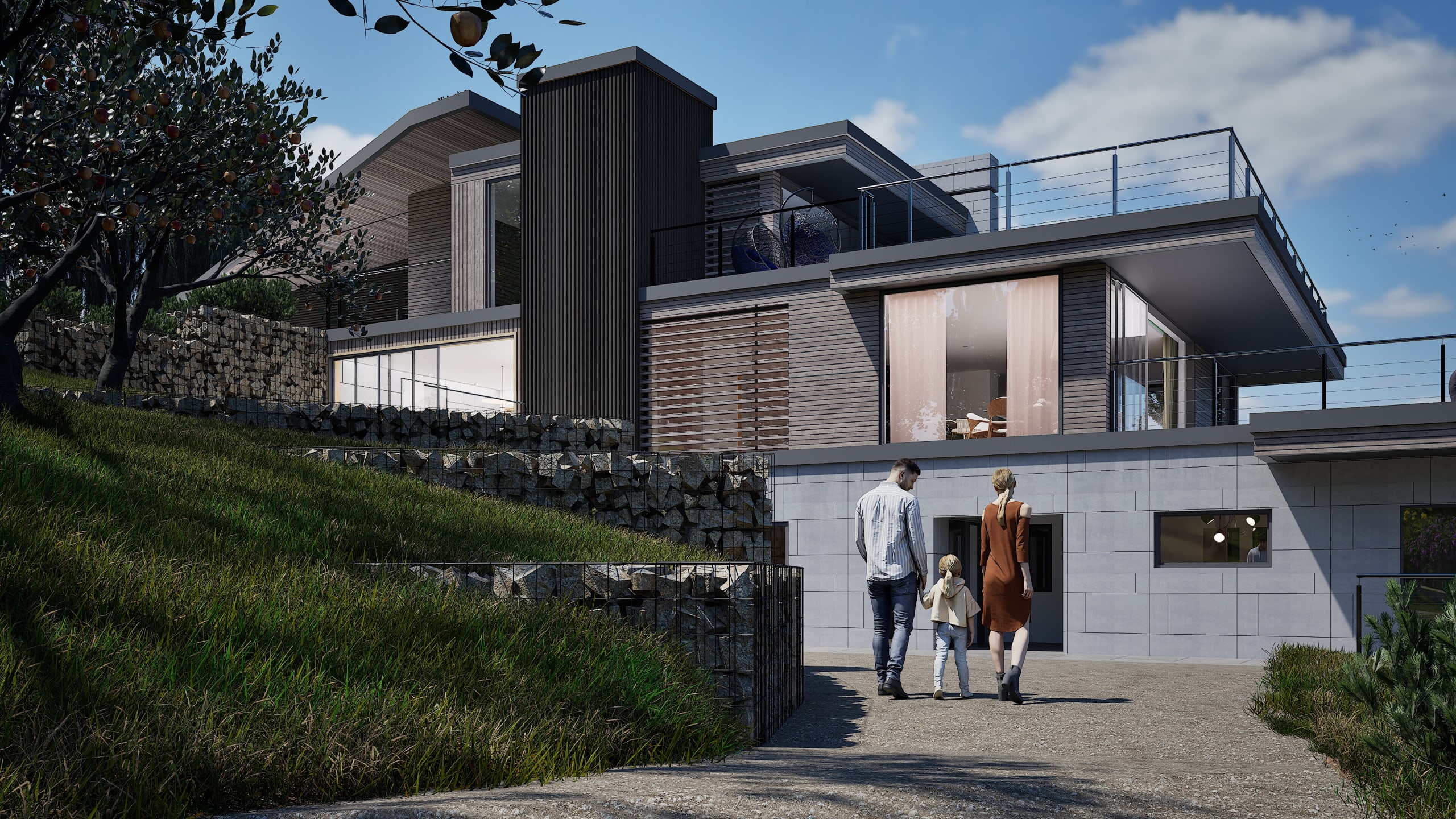 Family walking toward modern multi-level home with dark timber cladding, gabion retaining walls, and rooftop terraces