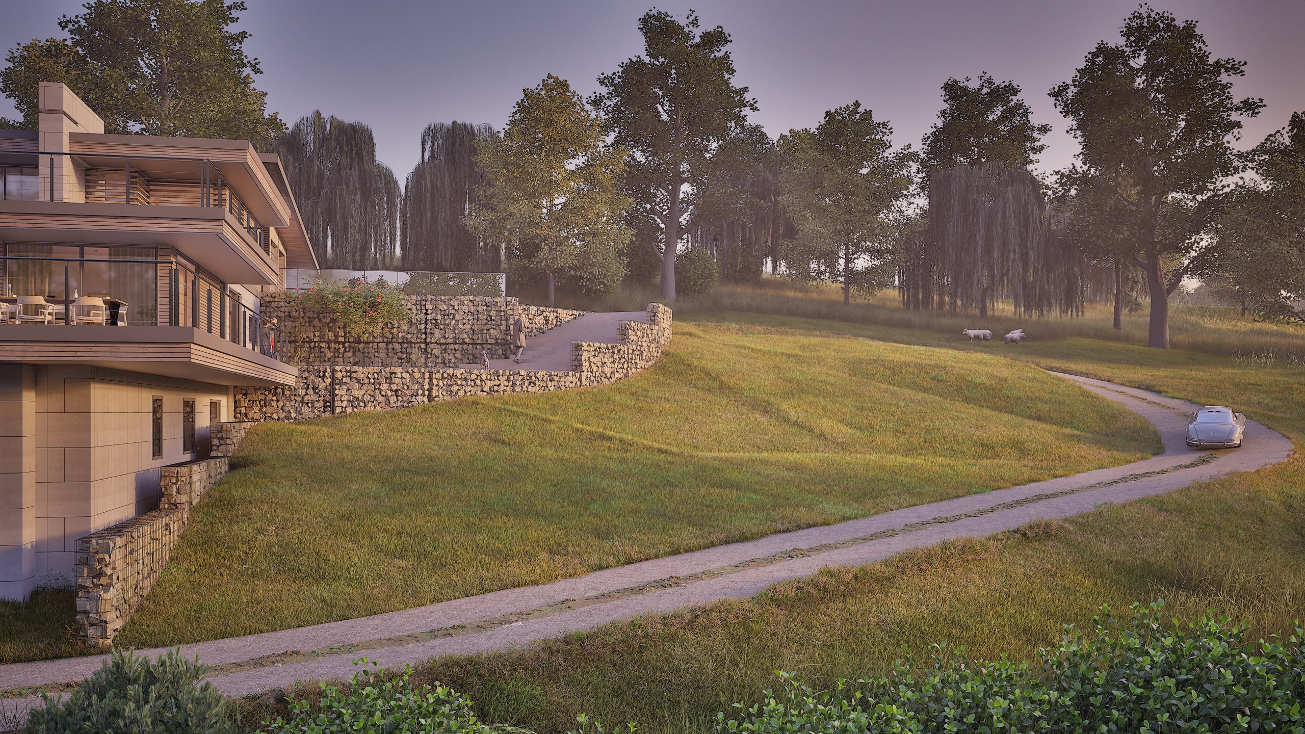 Modern multi-level residence with stone retaining walls, expansive balconies, and winding driveway through pastoral landscape