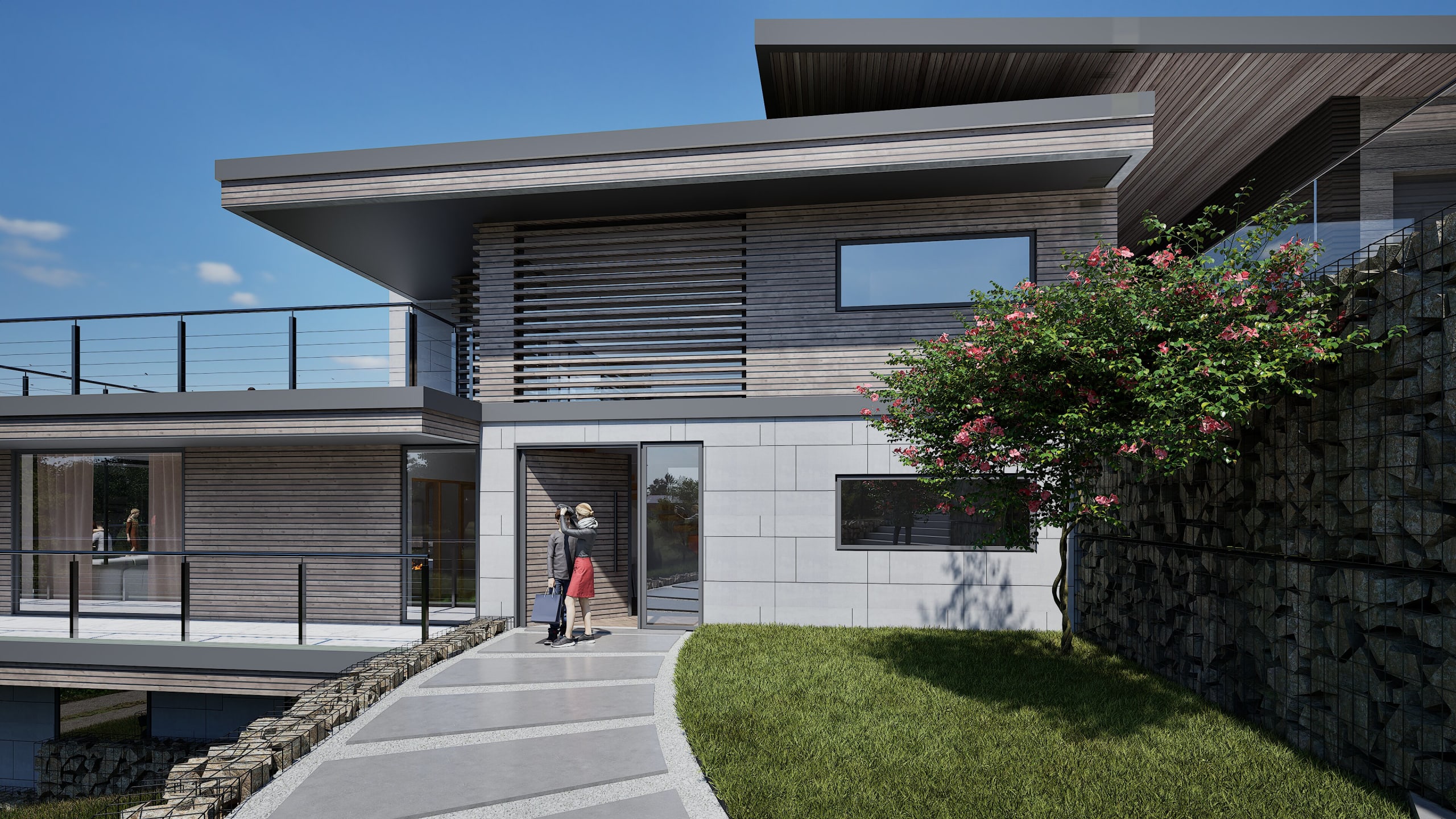 Modern two-story residence with horizontal wood siding, flat roof overhangs, glass railings, and gabion wall landscaping