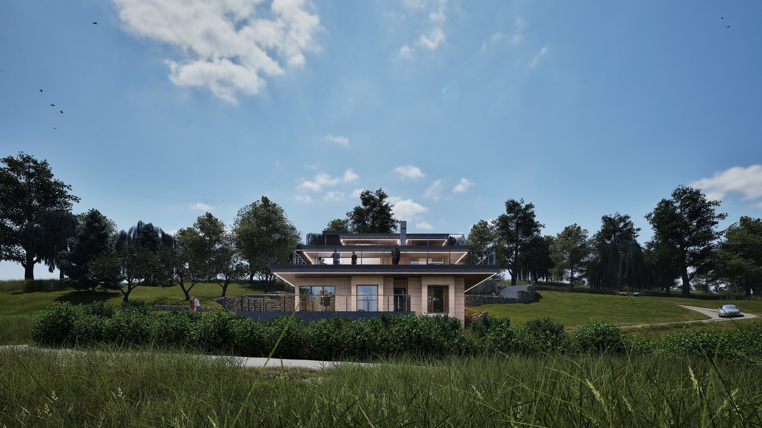 Modern two-story residence with rooftop terrace set in expansive green landscape with mature trees and stone wall features