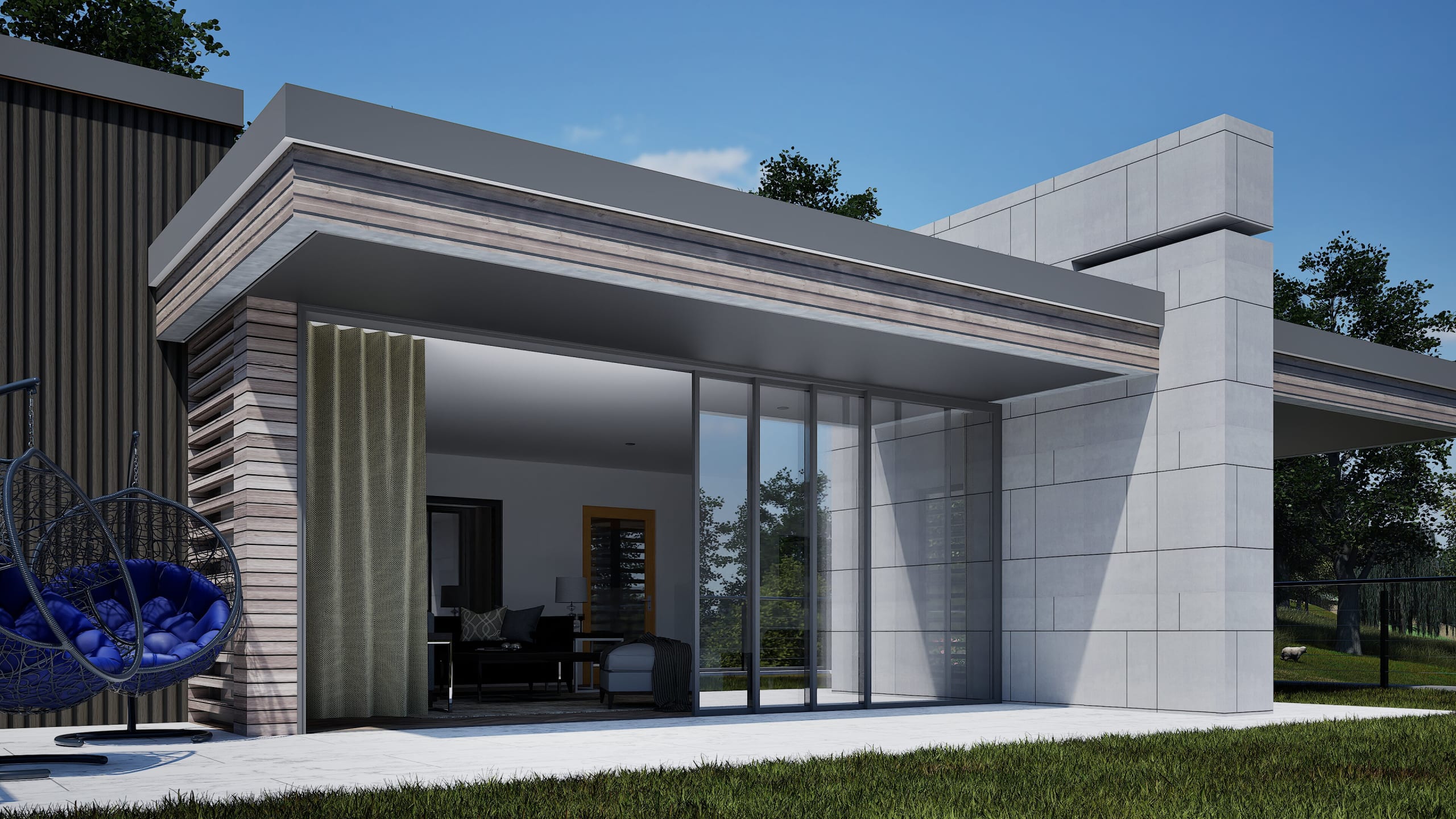Modern single-story home with flat roof, horizontal wood siding, concrete panels, floor-to-ceiling glass doors, and covered patio