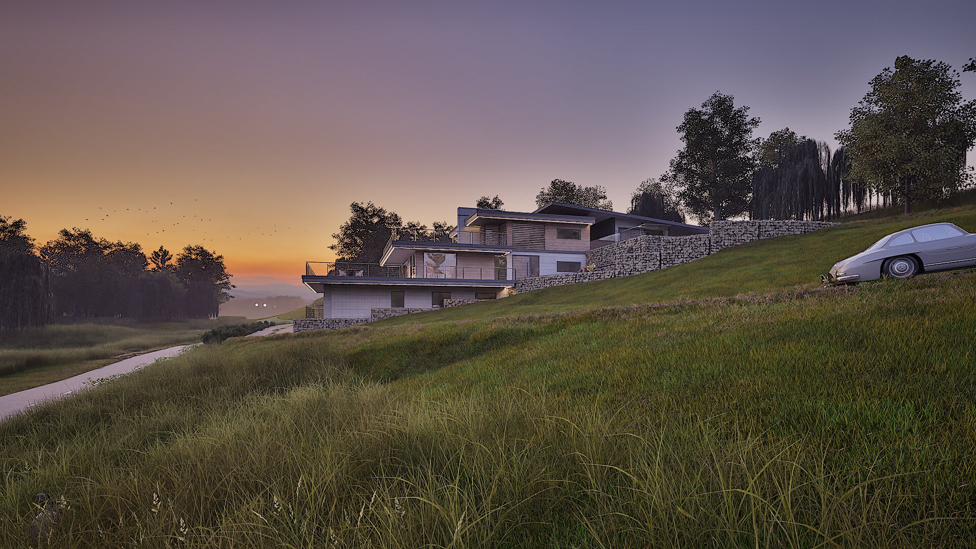 Modern multi-level hillside residence with stone retaining walls, expansive decks, and flat roofs at sunset with vintage car