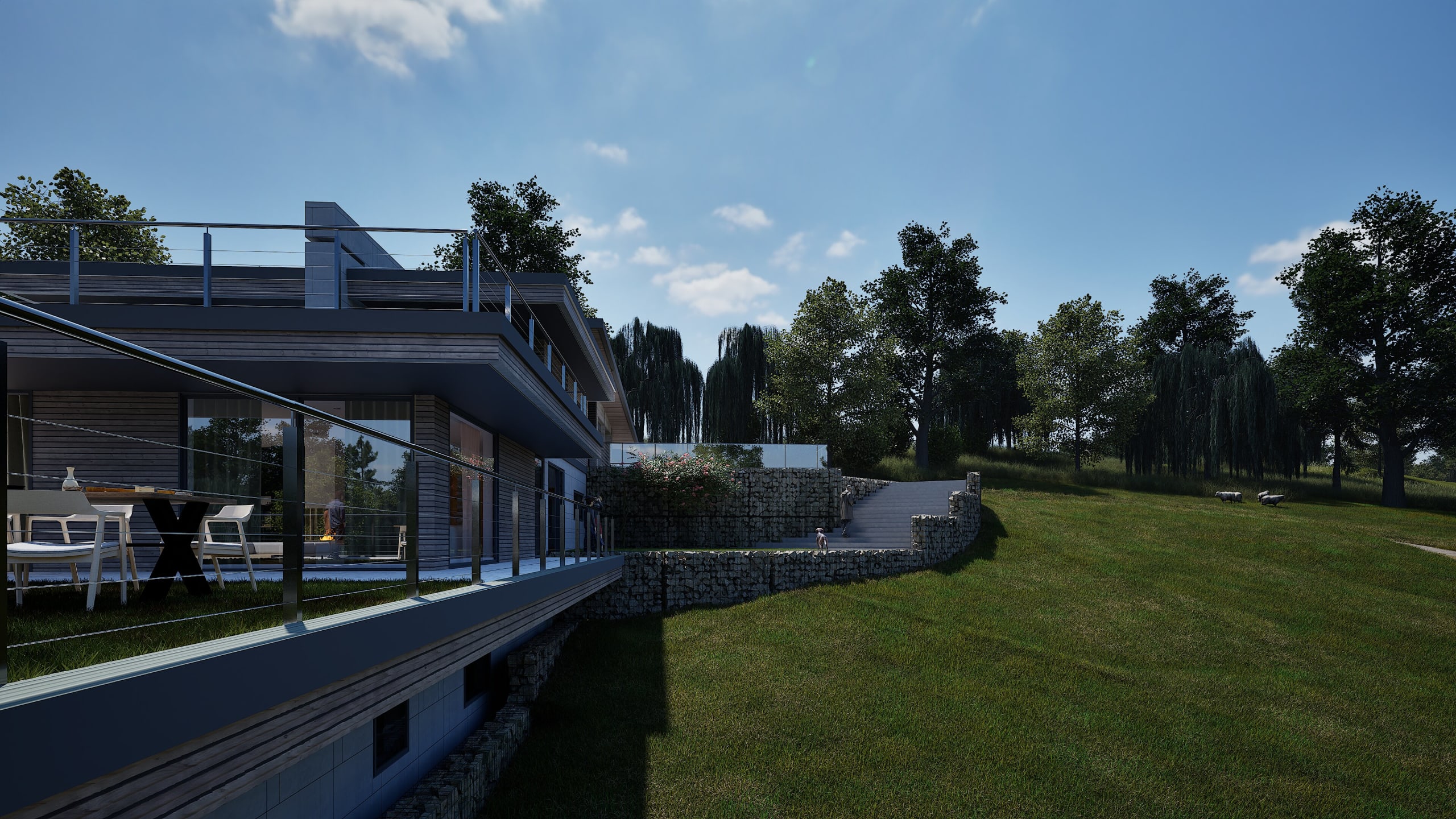 Modern multi-level residential home with wooden cladding, glass railings, rooftop terrace, and gabion wall landscaping