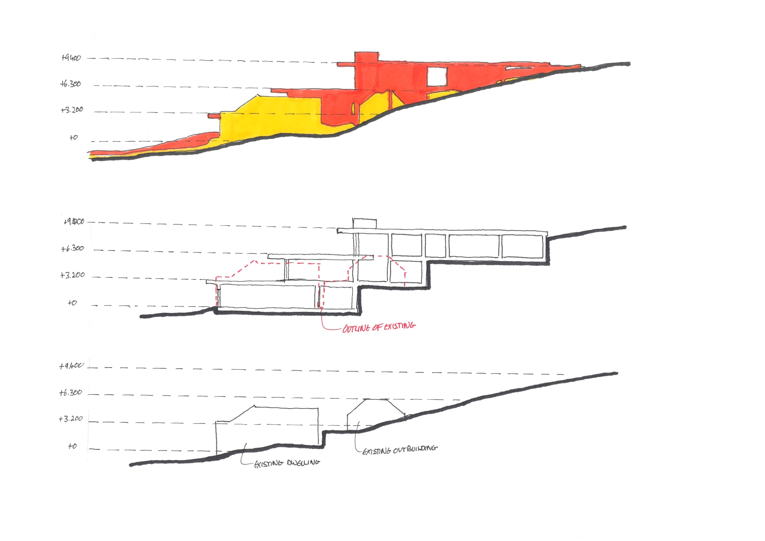 Architectural diagram of new house on sloping site showing the cut and fill
