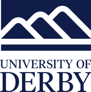 University of Derby logo featuring stylized mountain peaks above the institution name in navy blue