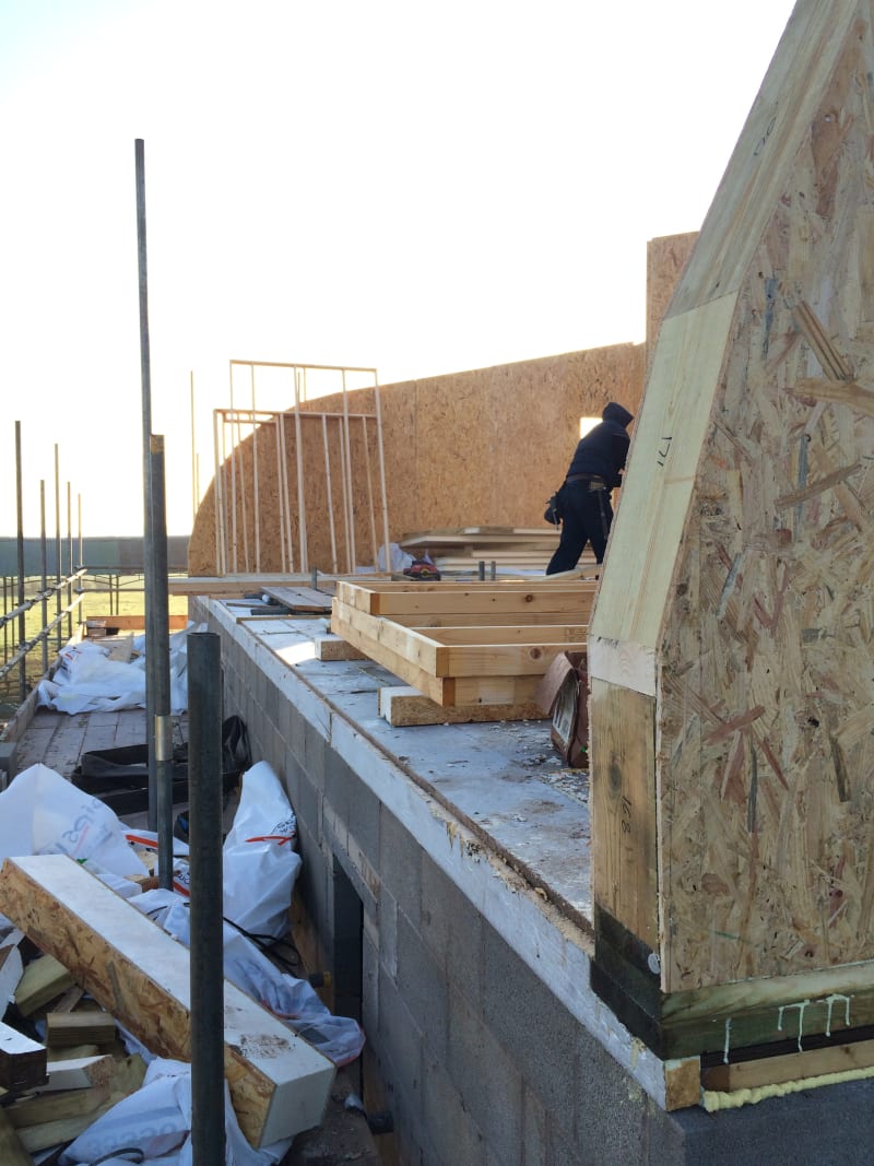 Construction worker assembling timber frame structure on concrete block foundation with OSB sheathing panels on site