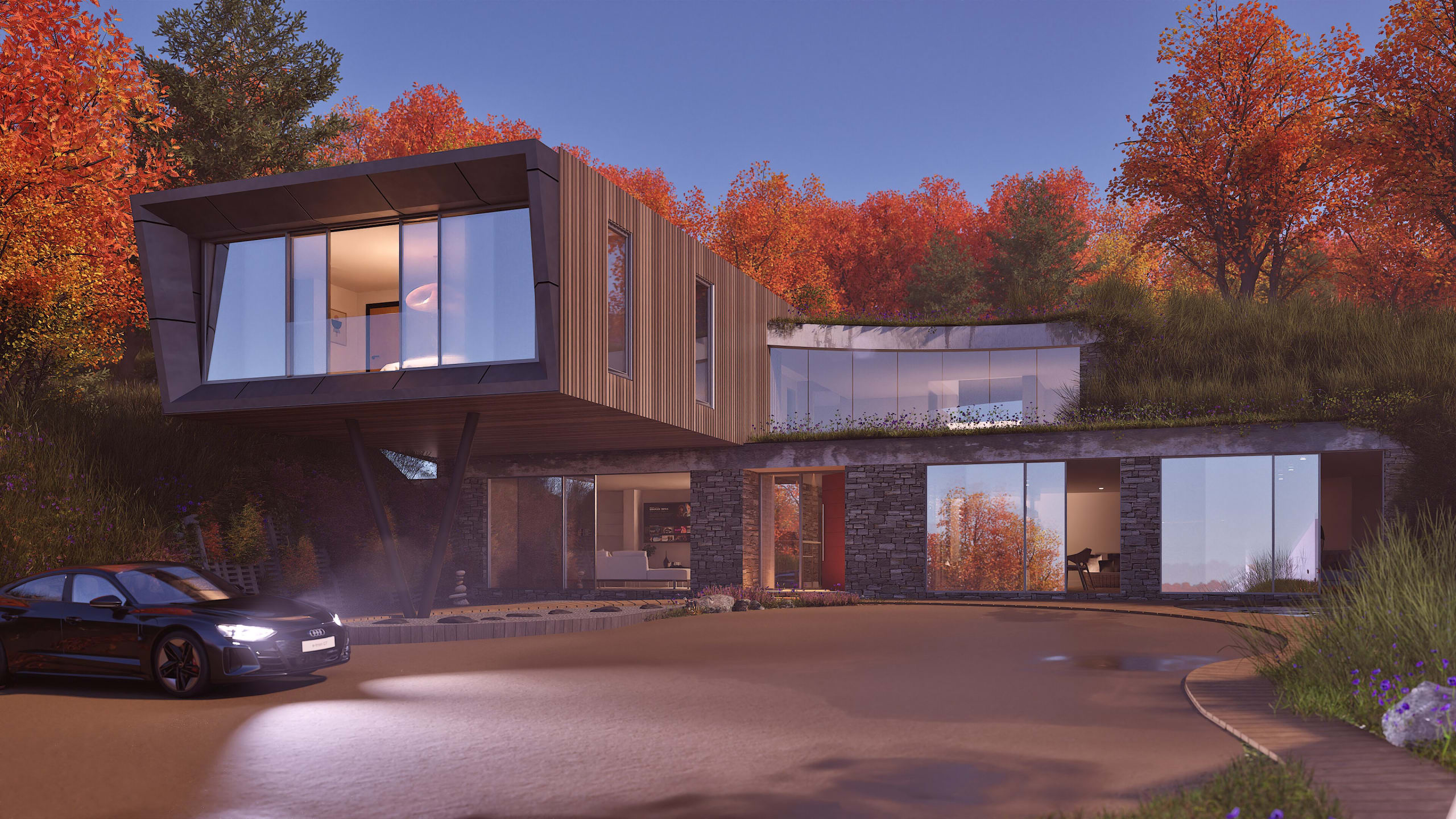 Modern two-story home with cantilevered upper floor, wood cladding, stone base, green roof, and autumn forest setting