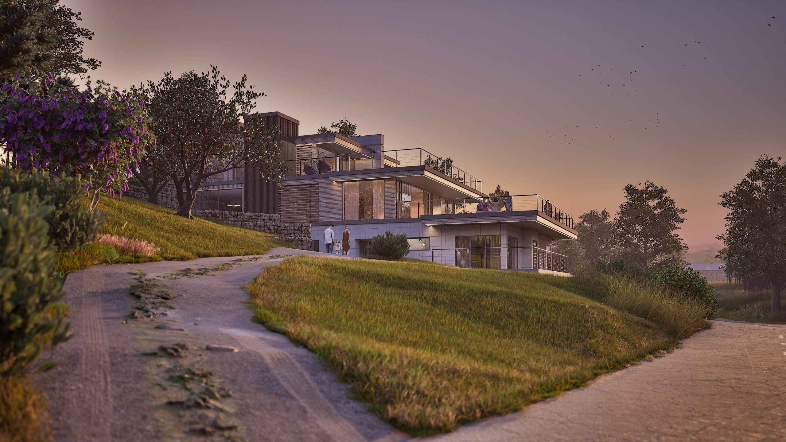 Modern multi-level residential building with expansive terraces and glass walls set on landscaped hillside at dusk