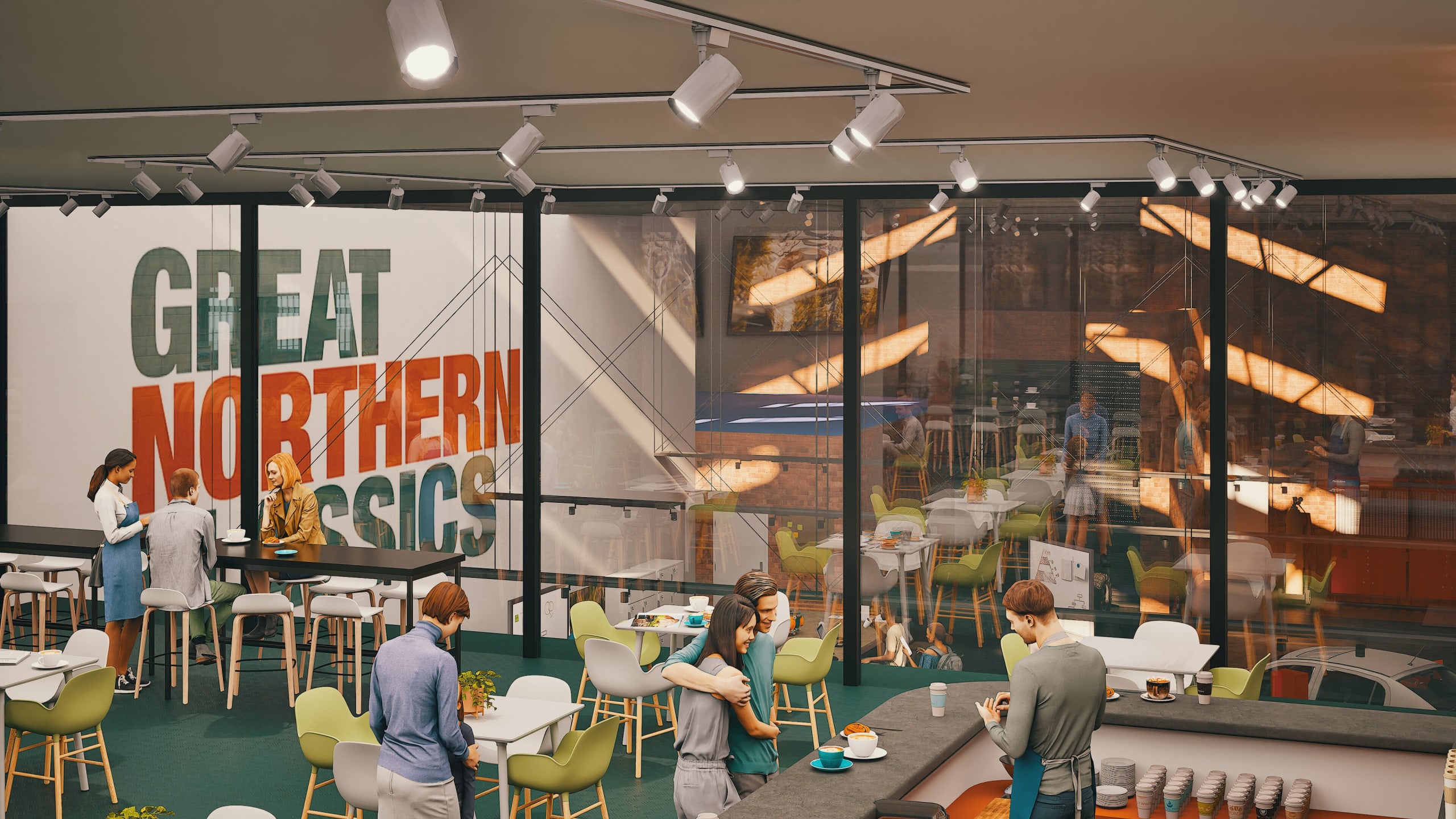 Modern cafe interior with patrons at tables, featuring large Great Northern Classics signage and industrial glass walls